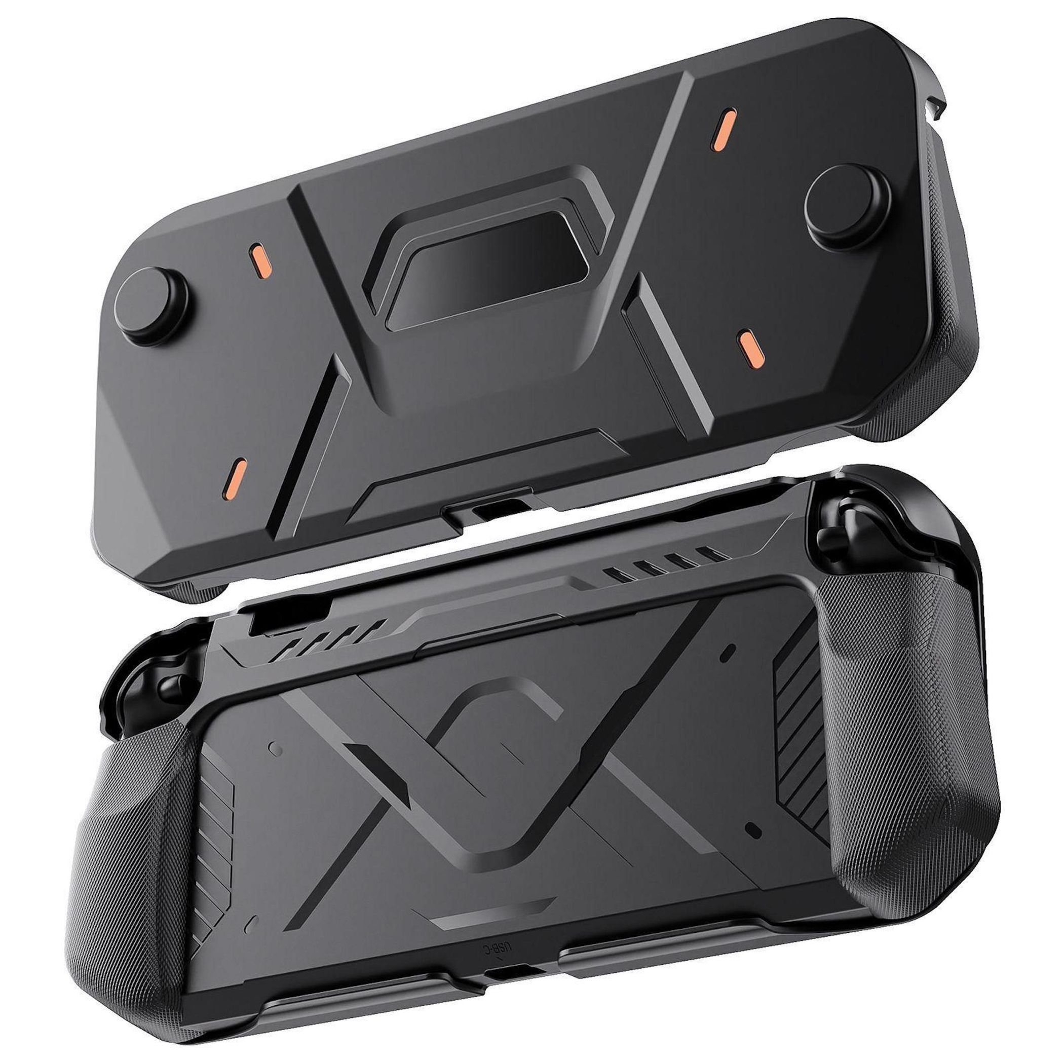 Una funda negra para consola de juegos. Está en dos partes, la superior separada. Hay detalles en naranja.