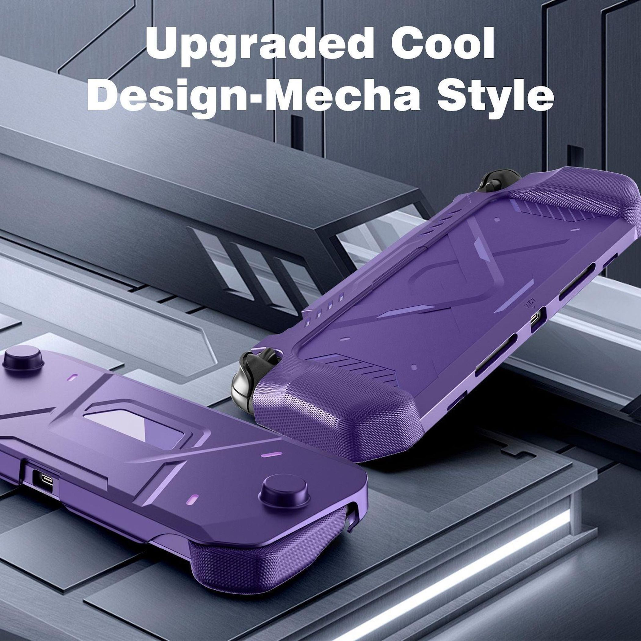 Dos fundas moradas para consolas de juegos con diseño mecha. Una está en ángulo, la otra plana. El fondo es gris con texto.