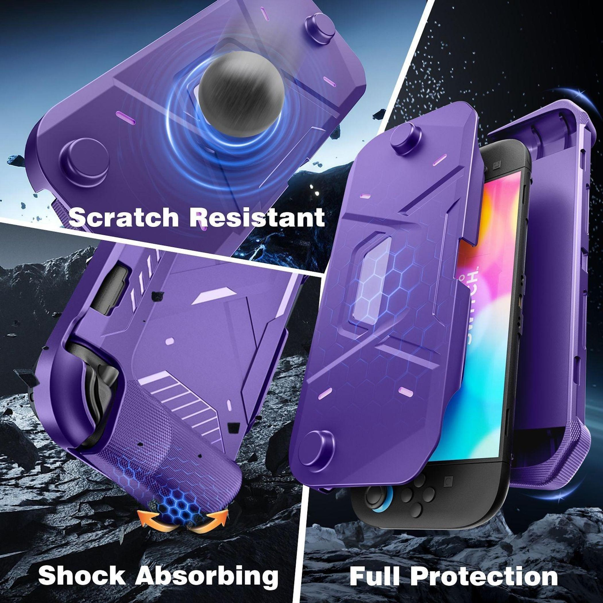 Funda morada para teléfono con etiquetas 'Resistente a los arañazos', 'Absorción de impactos' y 'Protección total'. Hay un teléfono.