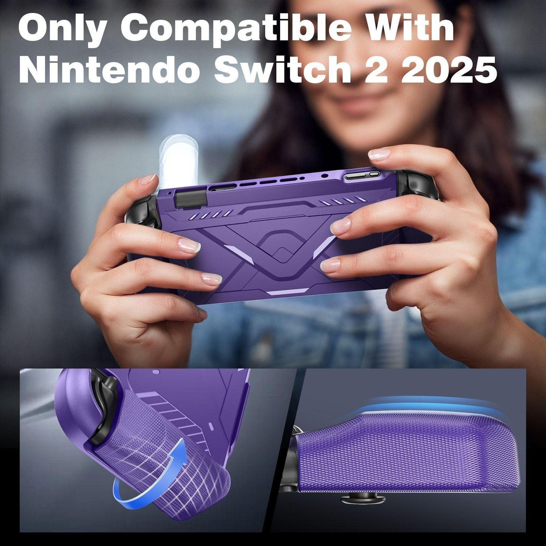 Una persona sostiene una funda morada de Nintendo Switch 2025. Primer plano muestra detalles de la funda y su diseño.