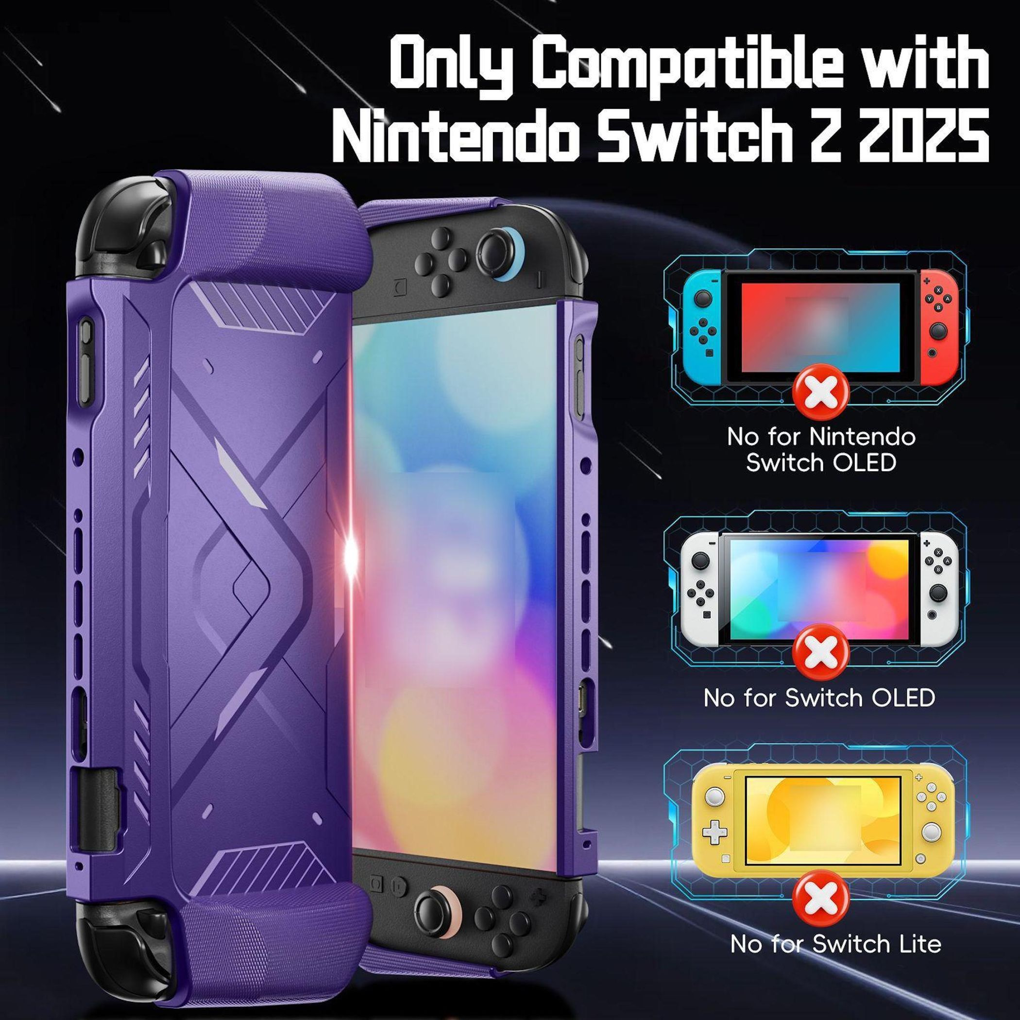 Funda morada para Nintendo Switch. La imagen muestra la funda y la consola, con texto que indica compatibilidad. Se excluyen modelos.