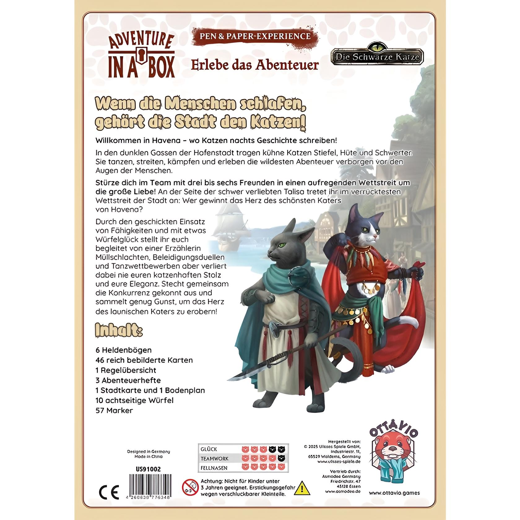 Spielbox mit Katzenillustrationen. Text enthält 'Adventure in a Box' und 'Die Schwarze Katze'.