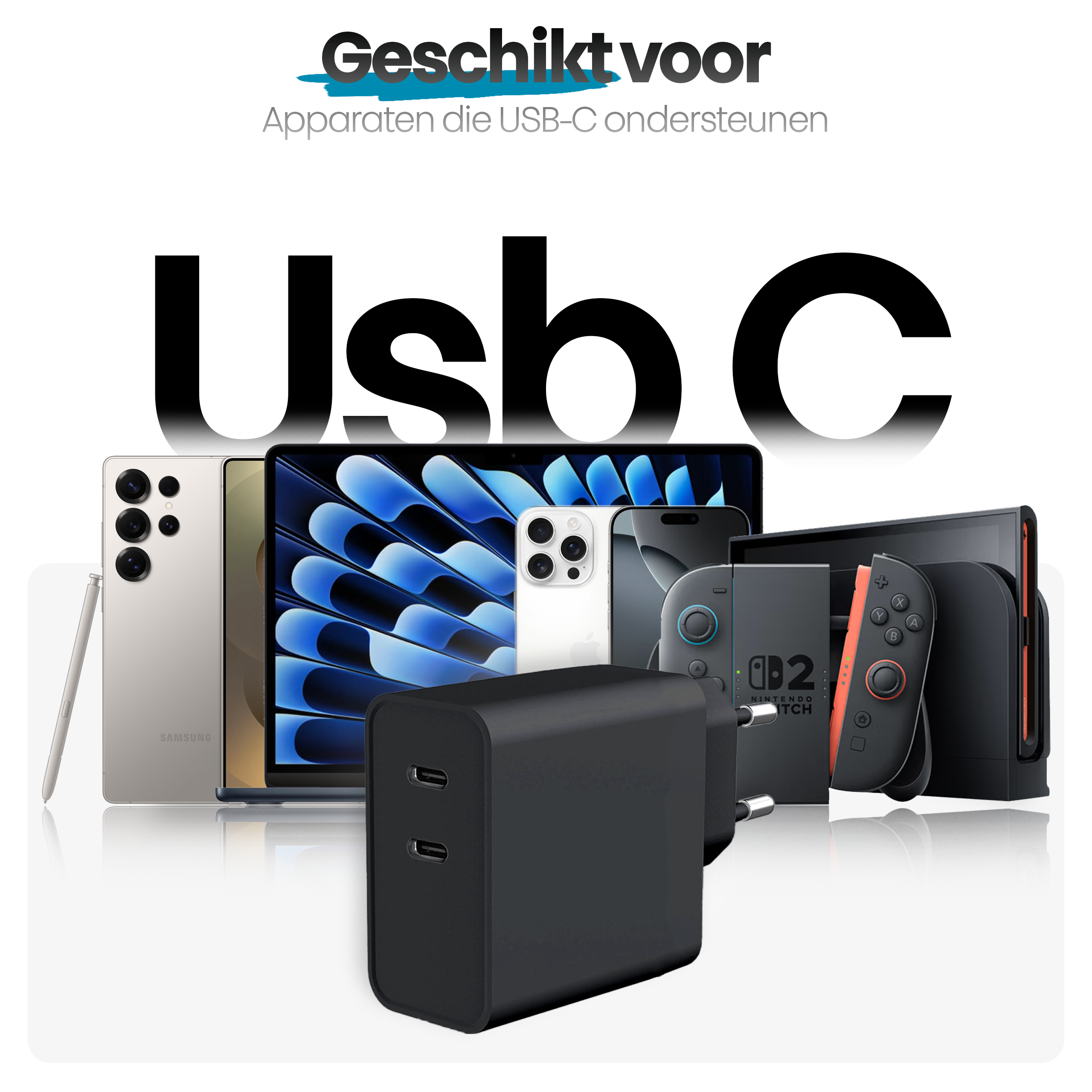Afbeelding toont een zwarte USB-C-oplader voor apparaten zoals telefoons, tablets en een Nintendo Switch.