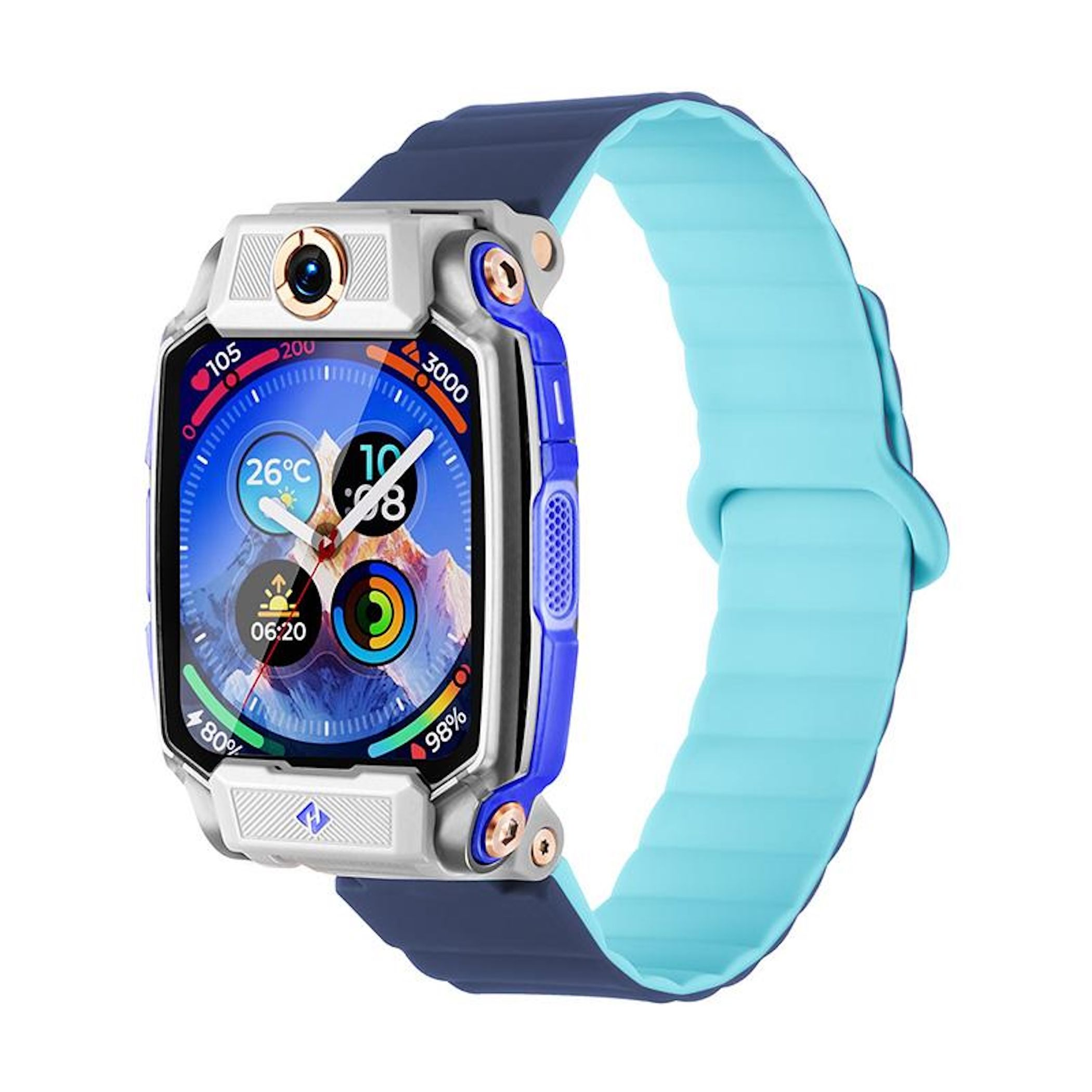 Eine Smartwatch mit blauem und hellblauem Armband. Das Zifferblatt zeigt Zeit, Temperatur und Gesundheitsdaten an.