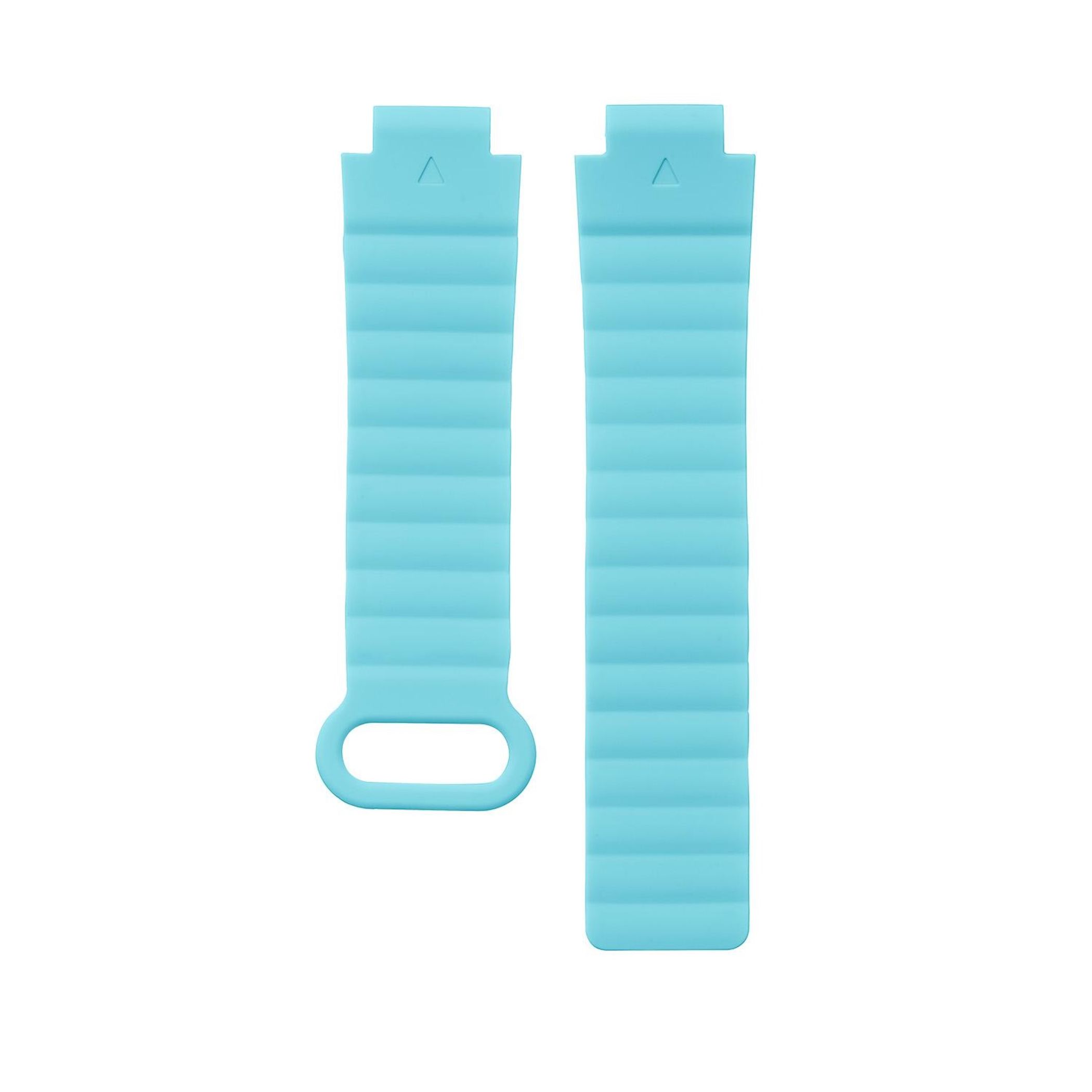 Zwei hellblaue Uhrenarmbänder. Jeder Riemen hat eine strukturierte Oberfläche mit einem kleinen Dreieck oben.