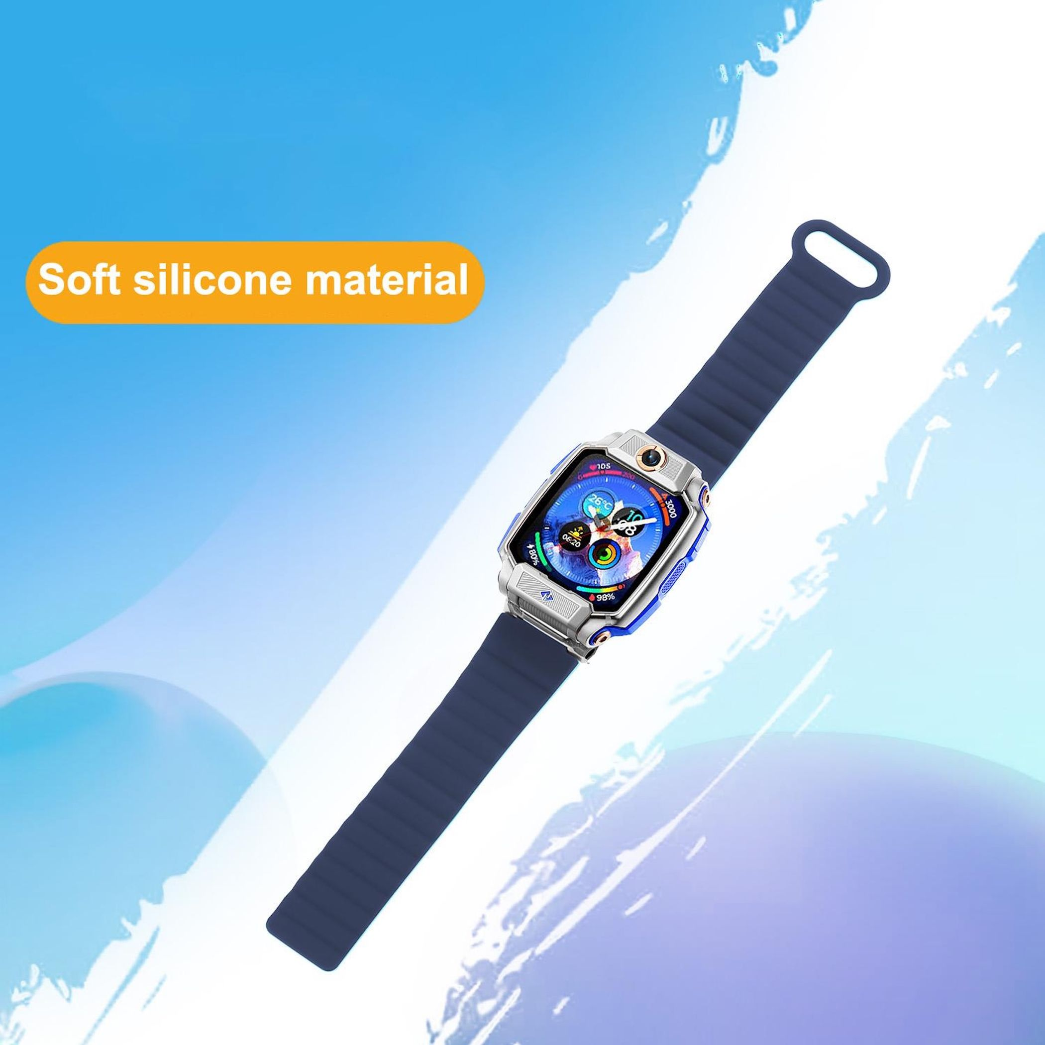 Eine blaue Smartwatch mit blauem Armband vor blauem Hintergrund mit der Aufschrift 'Weiches Silikonmaterial'.