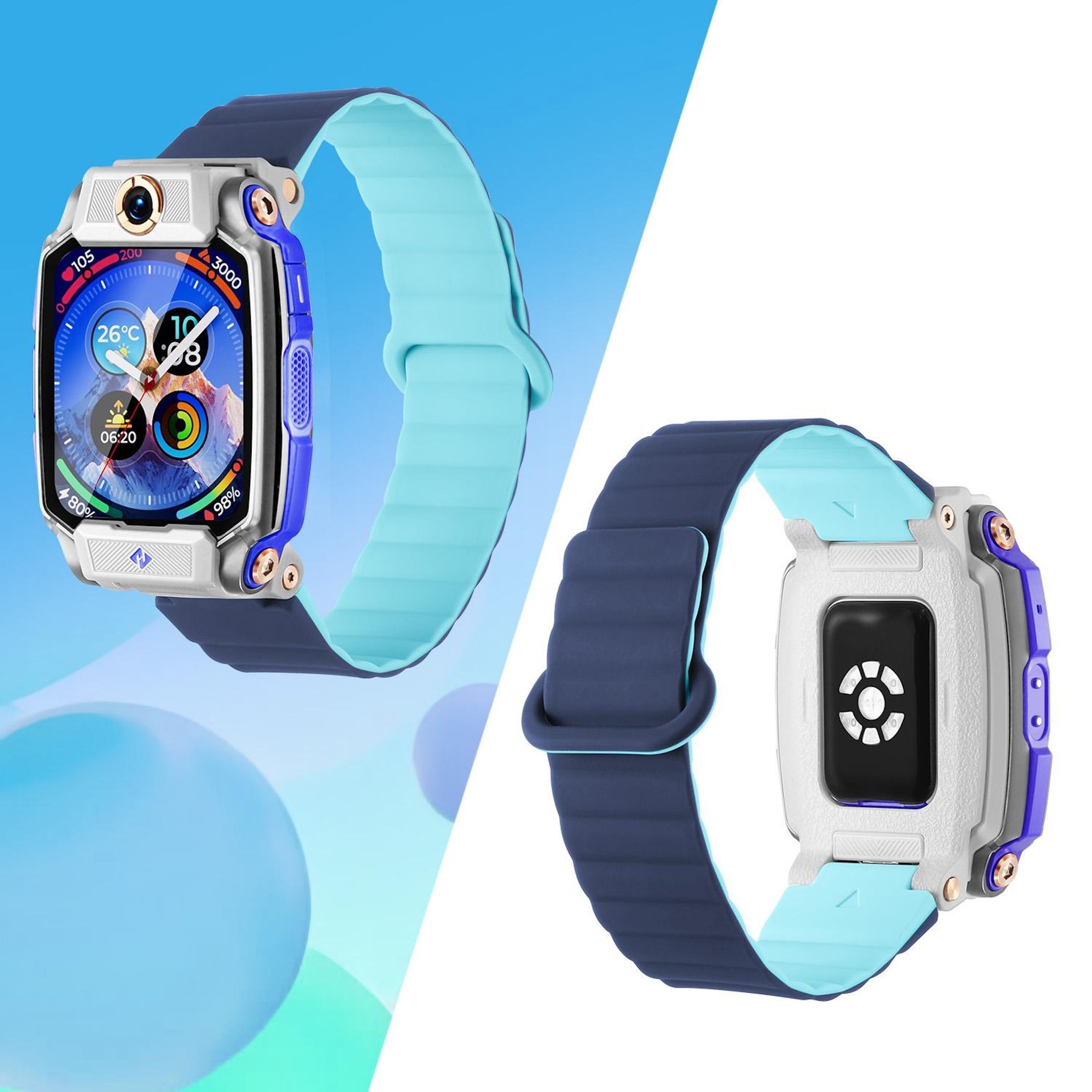 Eine Smartwatch mit blauem und hellblauem Armband zeigt Zeit und Wetter an. Die Uhr hat ein weißes und blaues Gehäuse.