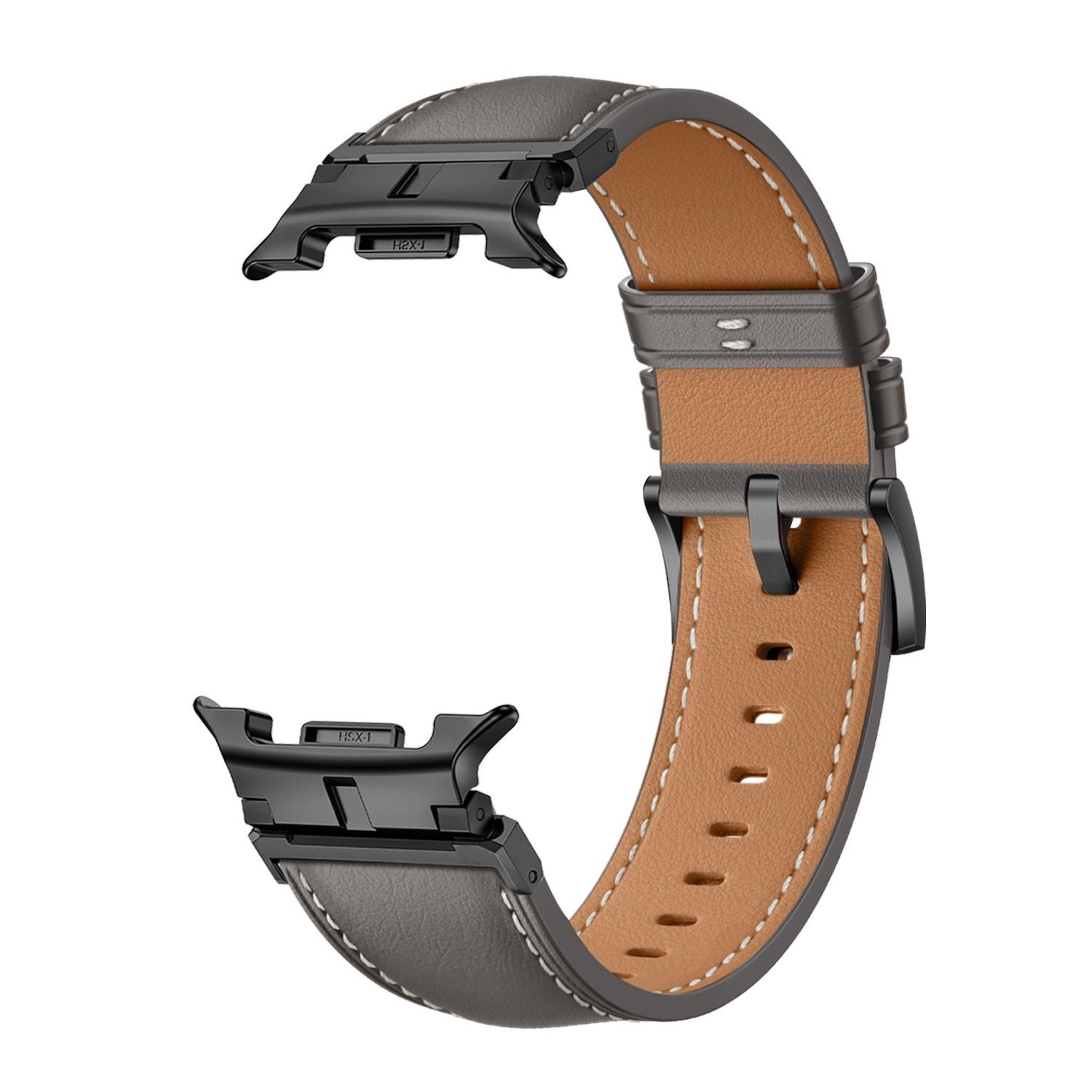 Armband, graues Leder außen, braunes Leder innen, schwarze Metallverschlüsse und -verbinder, weiße Nähte.