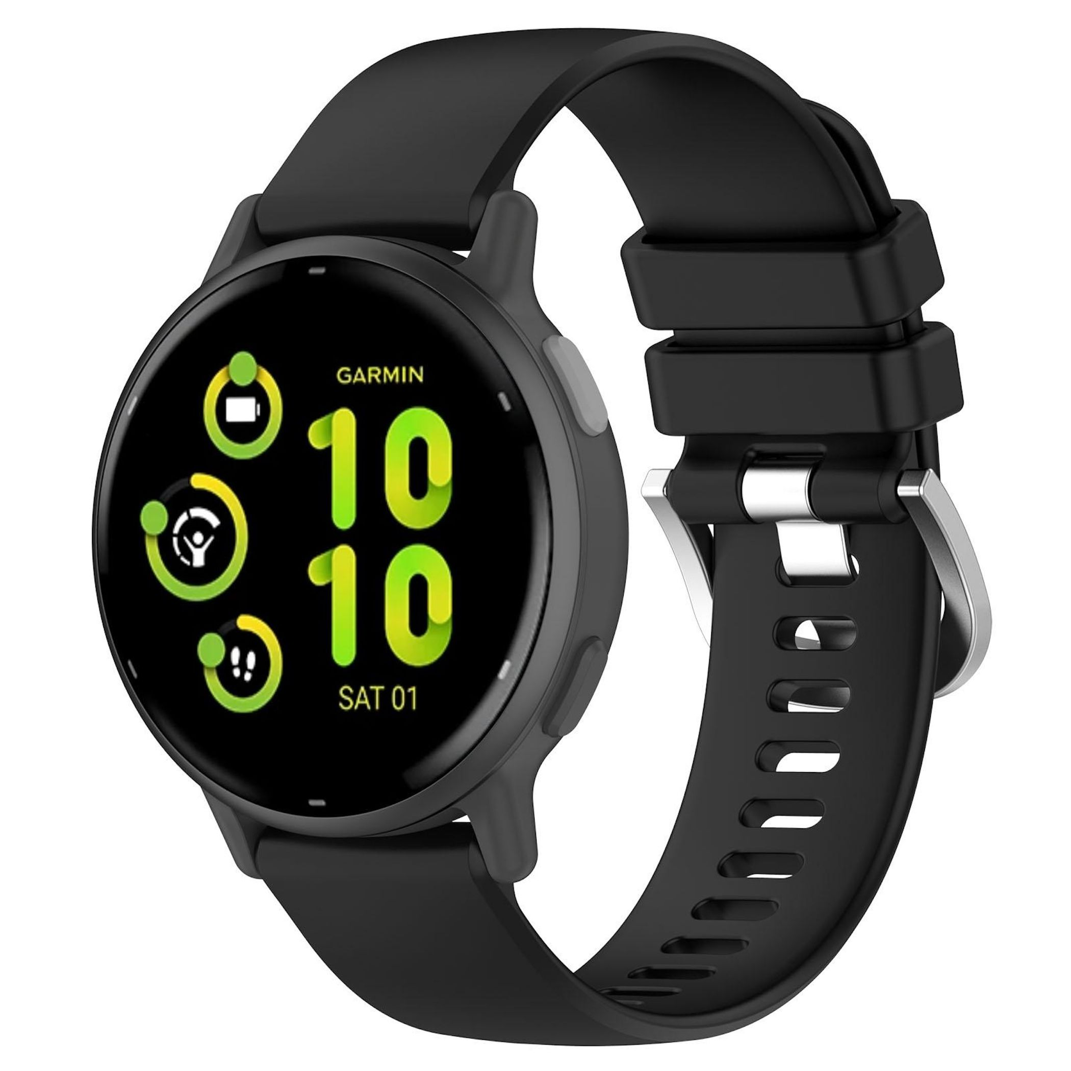Schwarze Garmin-Smartwatch mit rundem Display, das Zeit, Datum und Gesundheitsdaten anzeigt, mit schwarzem Armband.
