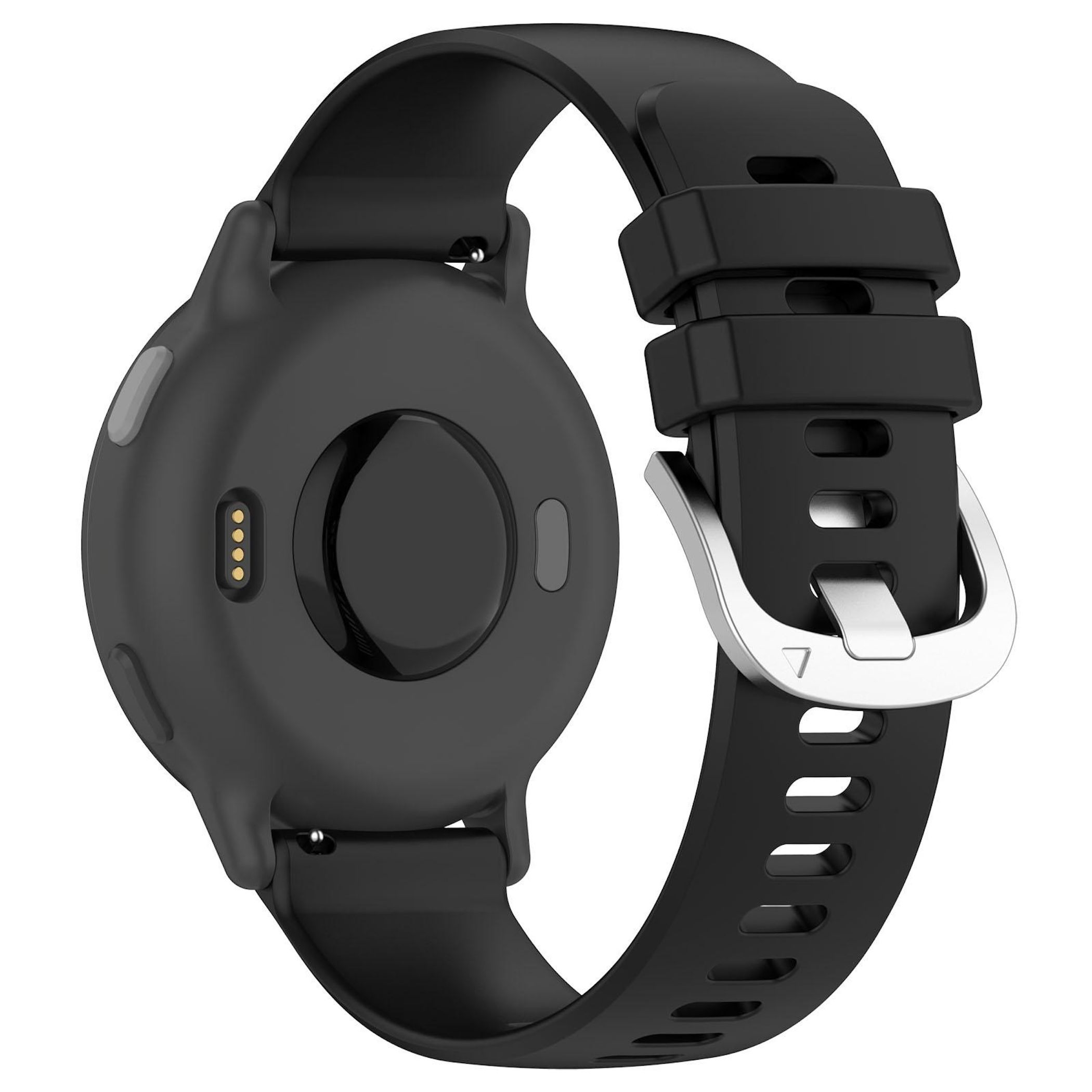 Schwarze Smartwatch mit Armband. Die Uhr zeigt die Rückseite mit Ladeanschluss. Das Armband hat eine Schnalle.