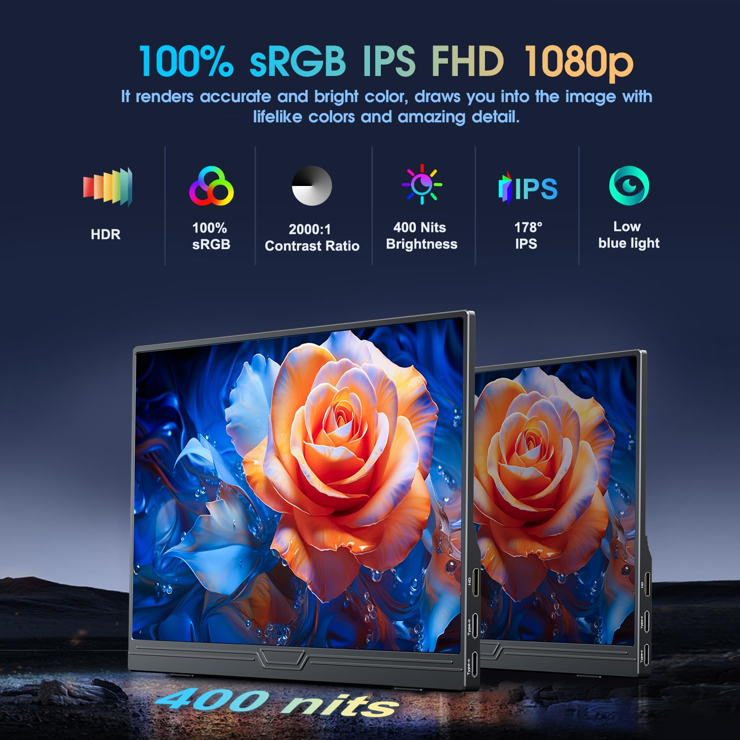 Zwei Monitore zeigen ein Rosenbild. Der Text oben zeigt Funktionen wie sRGB, IPS und FHD. Symbole zeigen HDR, Kontrast und Helligkeit.