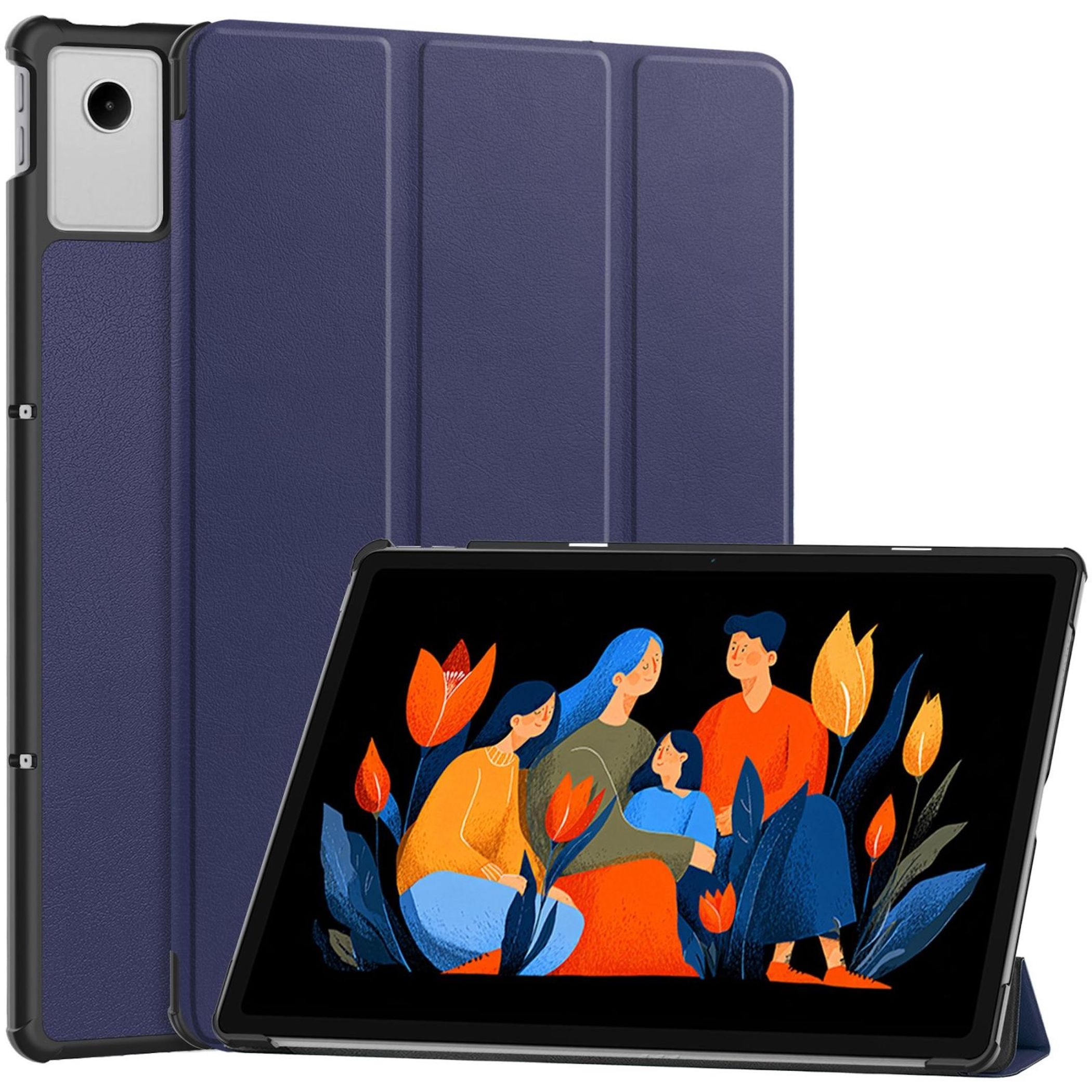 Tablet in dunkler blauer Hülle, mit farbenfroher Zeichnung einer Familie im Garten mit orangefarbenen und gelben Blumen.