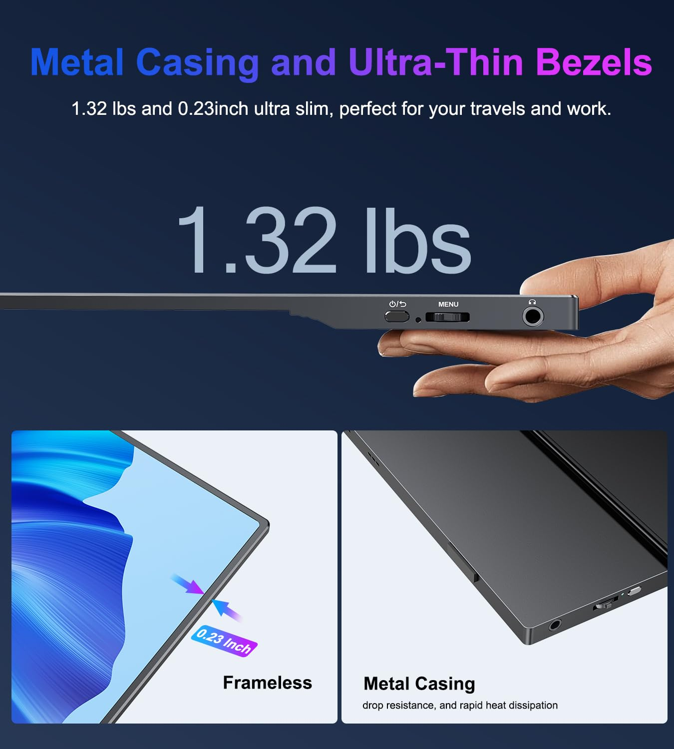Das Bild zeigt ein dünnes, schwarzes Gerät, das von einer Hand gehalten wird. Es hebt das Metallgehäuse, die ultradünnen Rahmen und das rahmenlose Design hervor.