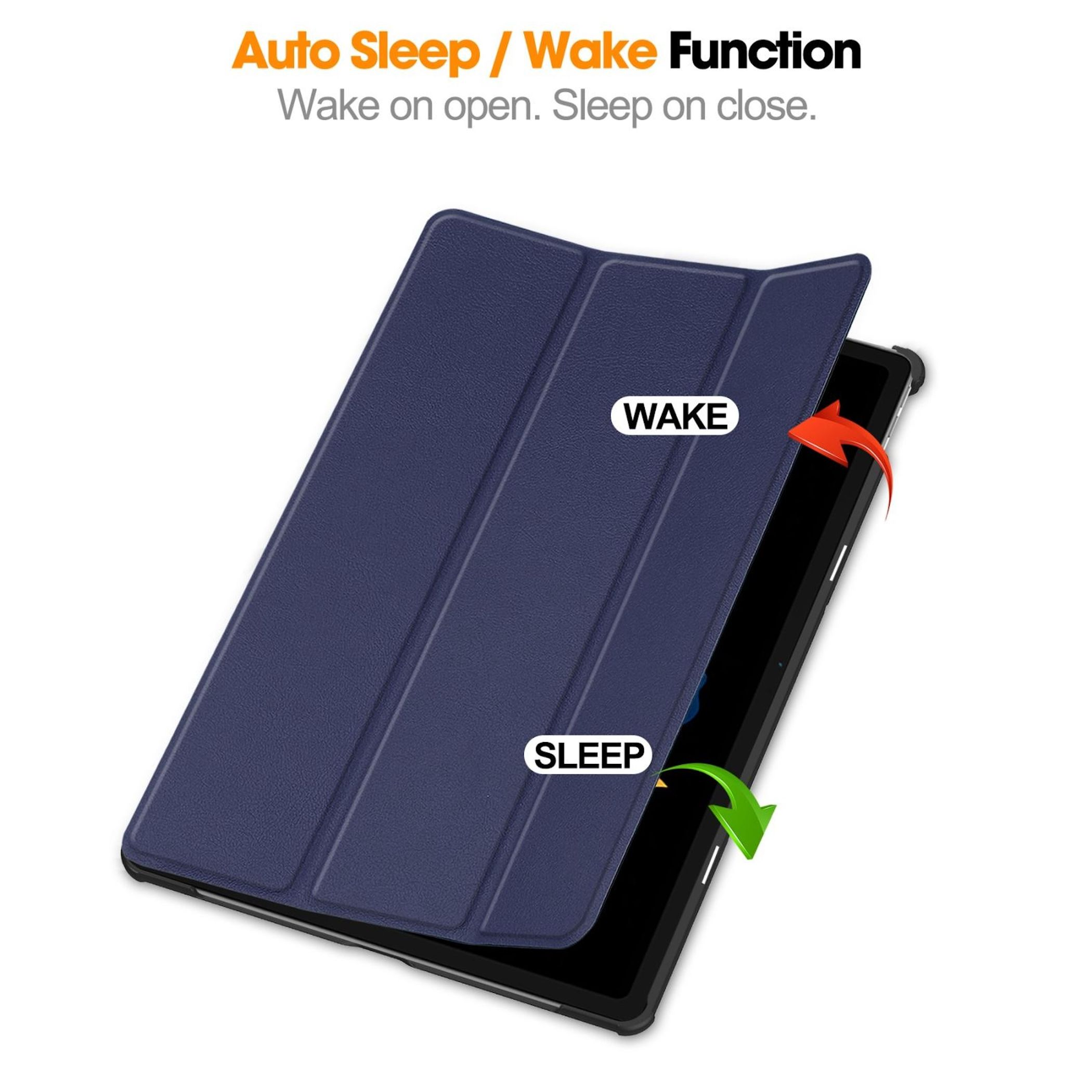 Blaue Tablet-Hülle mit 'Wake'- und 'Sleep'-Etiketten, rote und grüne Pfeile. Text: Auto Sleep/Wake-Funktion.