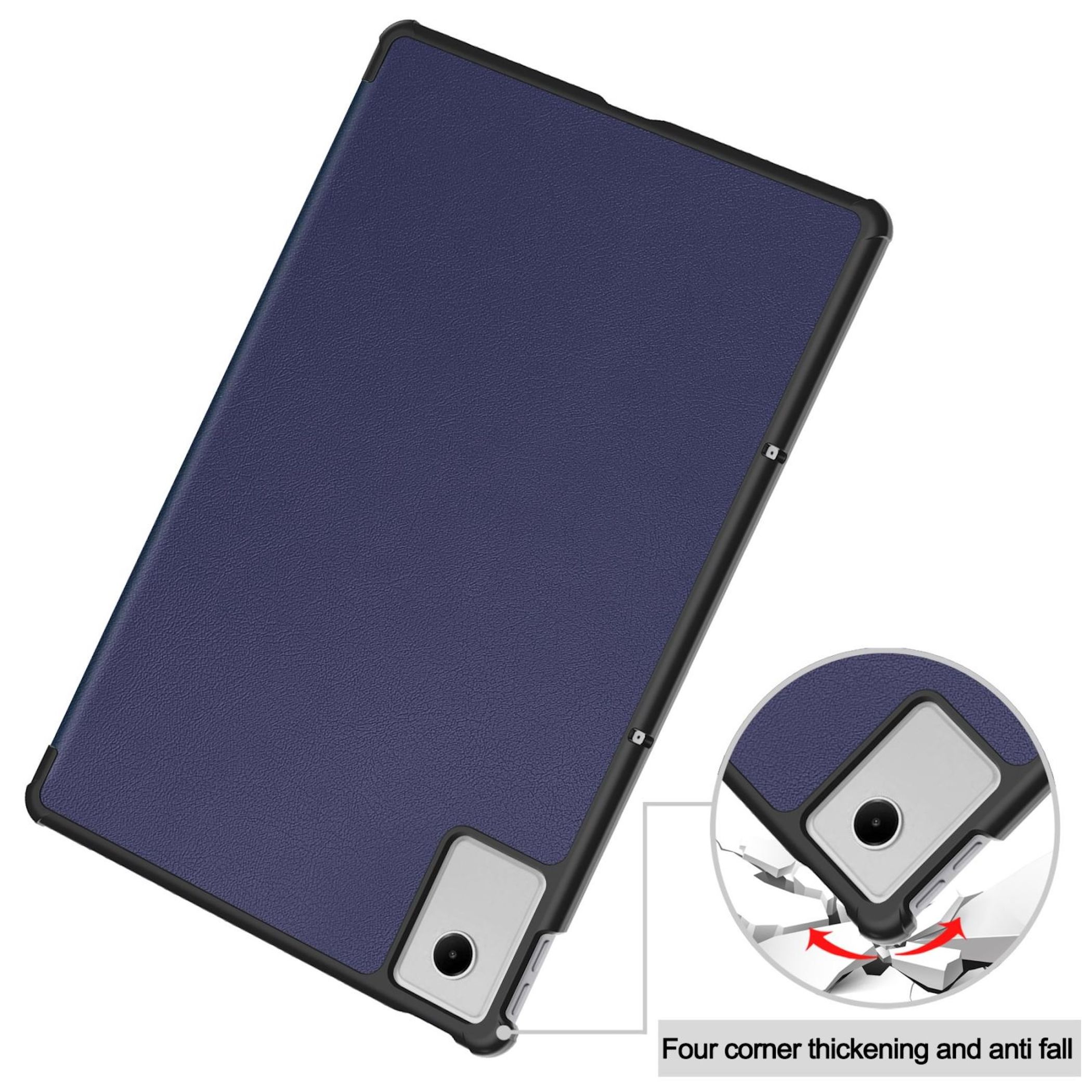 Eine Tablet-Hülle mit blau strukturierter Abdeckung. Sie hat schwarze Kanten und ein Eckdetail, das die Stoßfestigkeit zeigt.