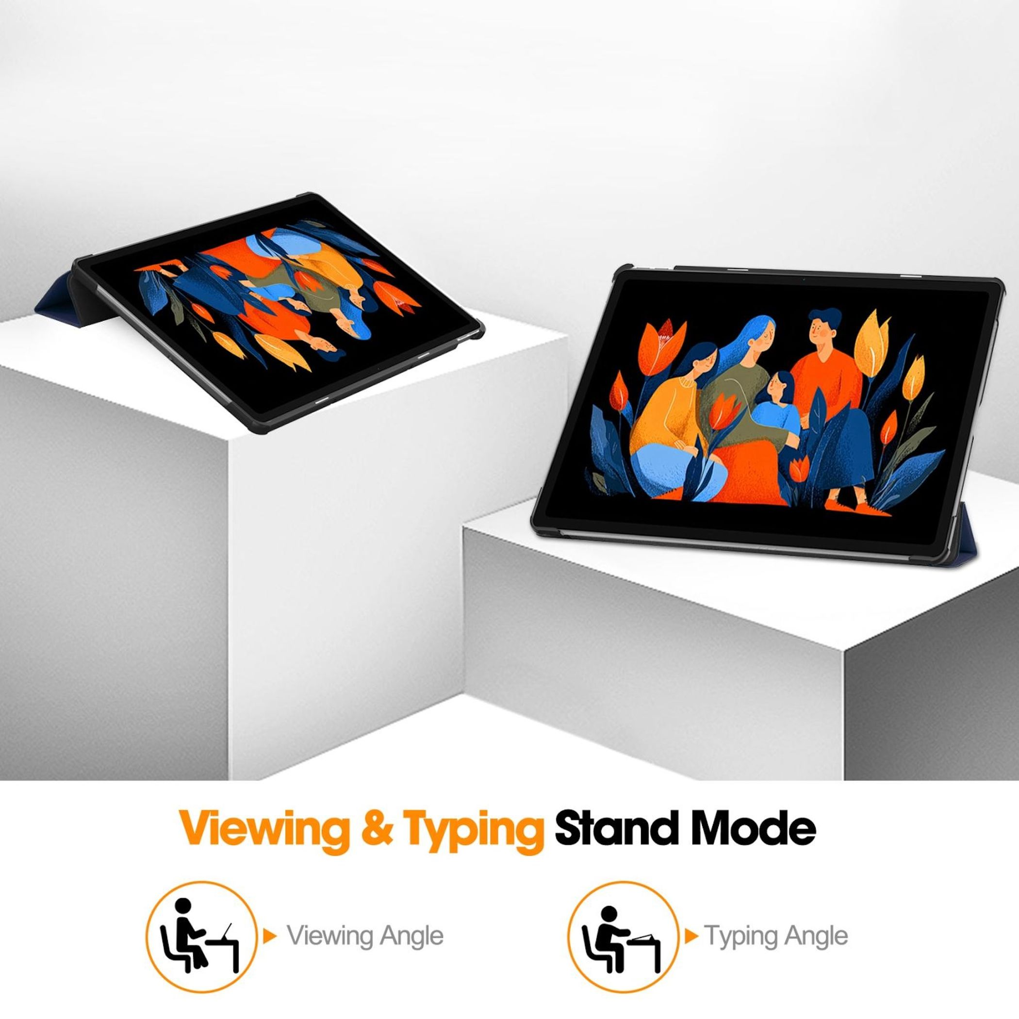 Tablets auf weißen Blöcken. Die Bildschirme zeigen Familienillustrationen. Text: 'Viewing & Typing Stand Mode'.