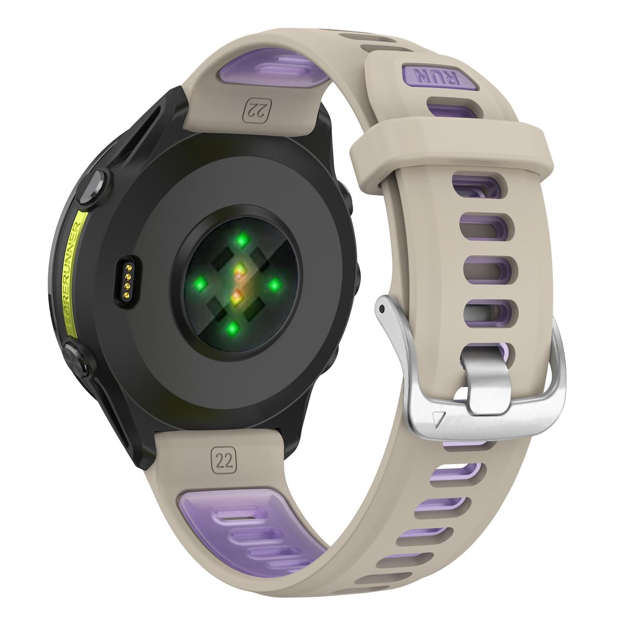 Eine Smartwatch mit beigem Armband und lila Akzenten. Das Zifferblatt ist schwarz mit grünen Sensoren. Das Armband ist befestigt.
