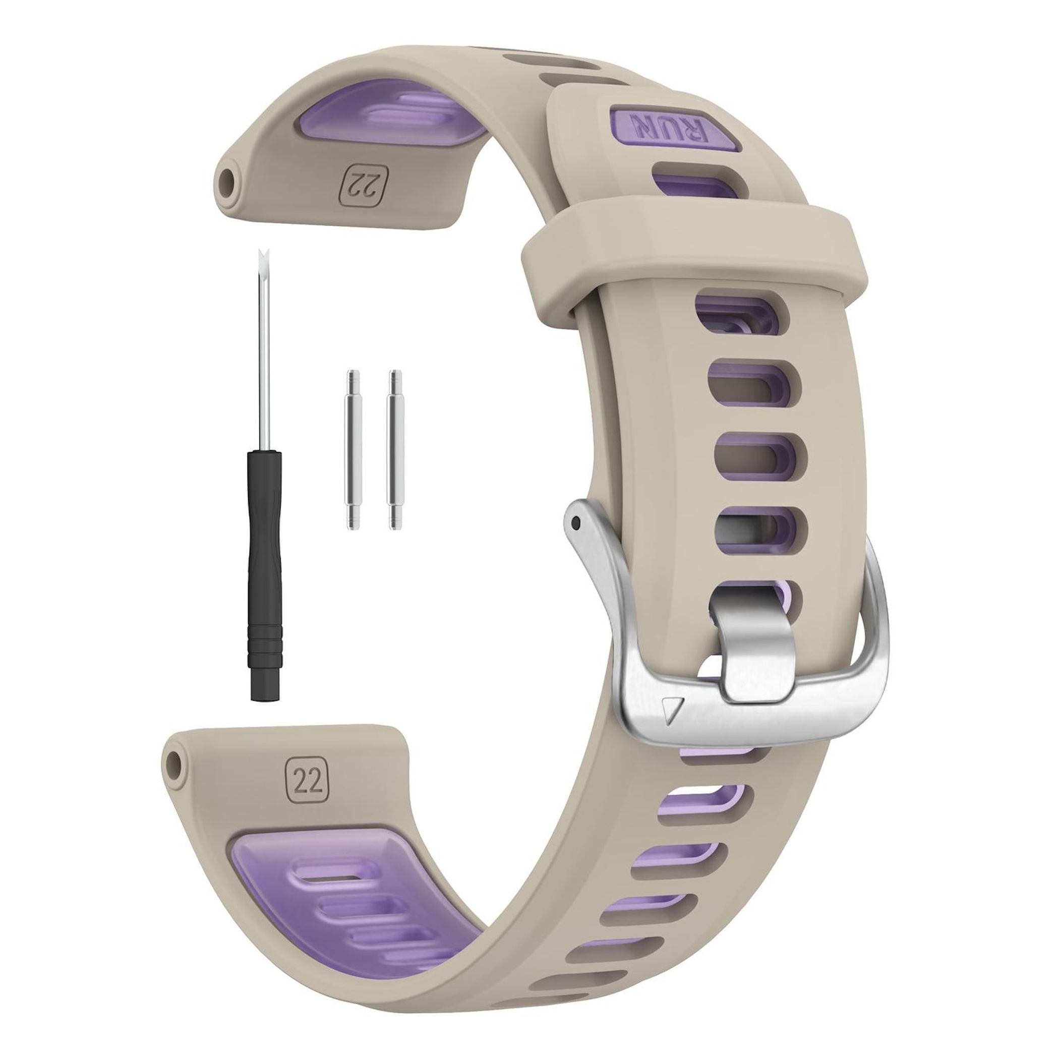 Beiges Uhrenarmband mit lila Akzenten. Enthält einen Schraubendreher und Stifte. Armband hat Text 'RUN'.