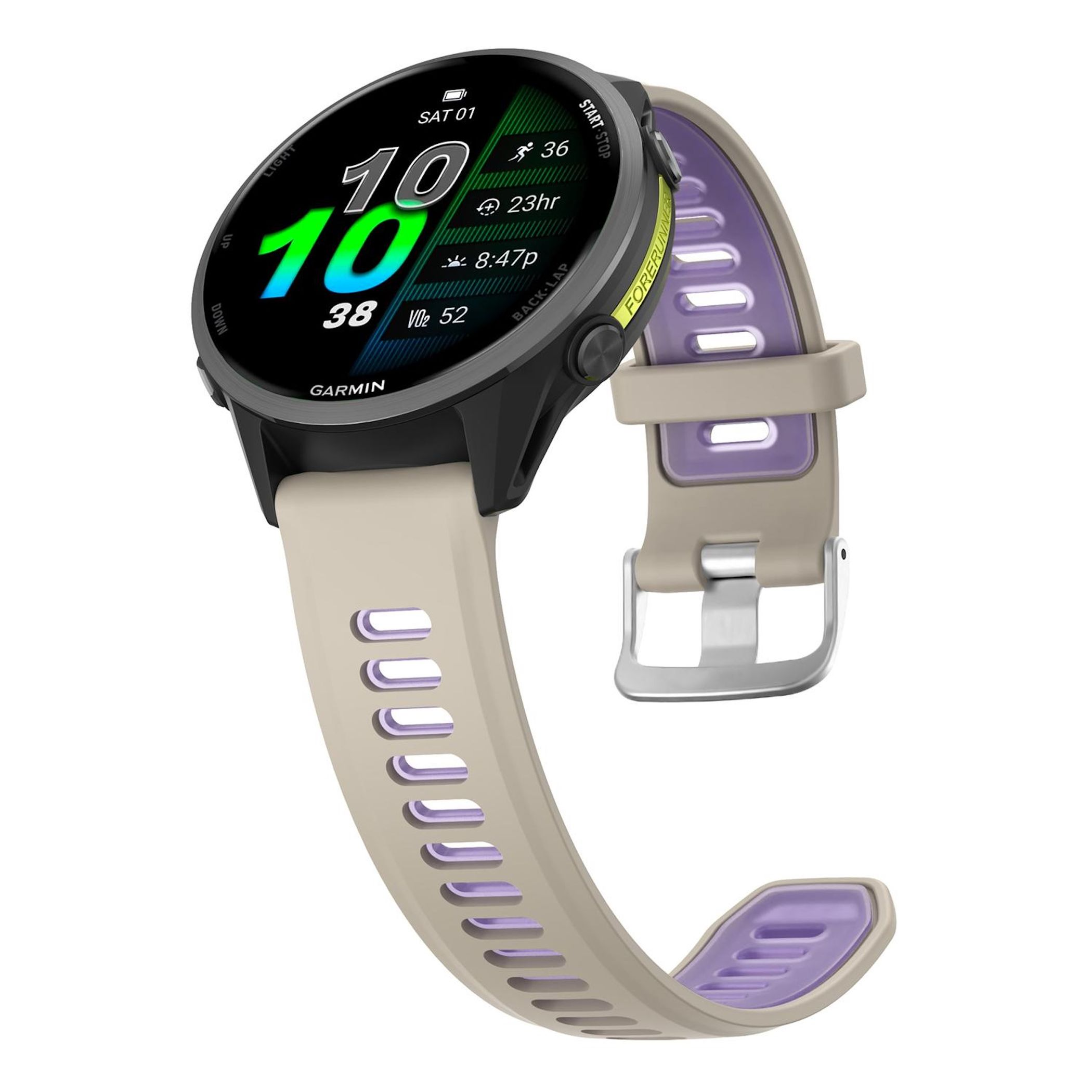 Garmin Smartwatch mit Statistiken: 10, 38, VO2 52, 23hr, 8:47p. Beiges Armband, lila Akzente.