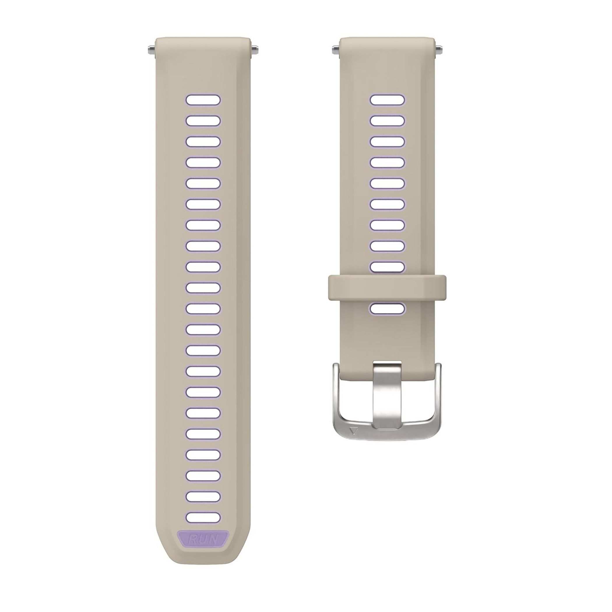 Zwei beige Uhrenarmbänder mit lila Akzenten und einer silbernen Schnalle. Ein Armband hat RUN-Text.