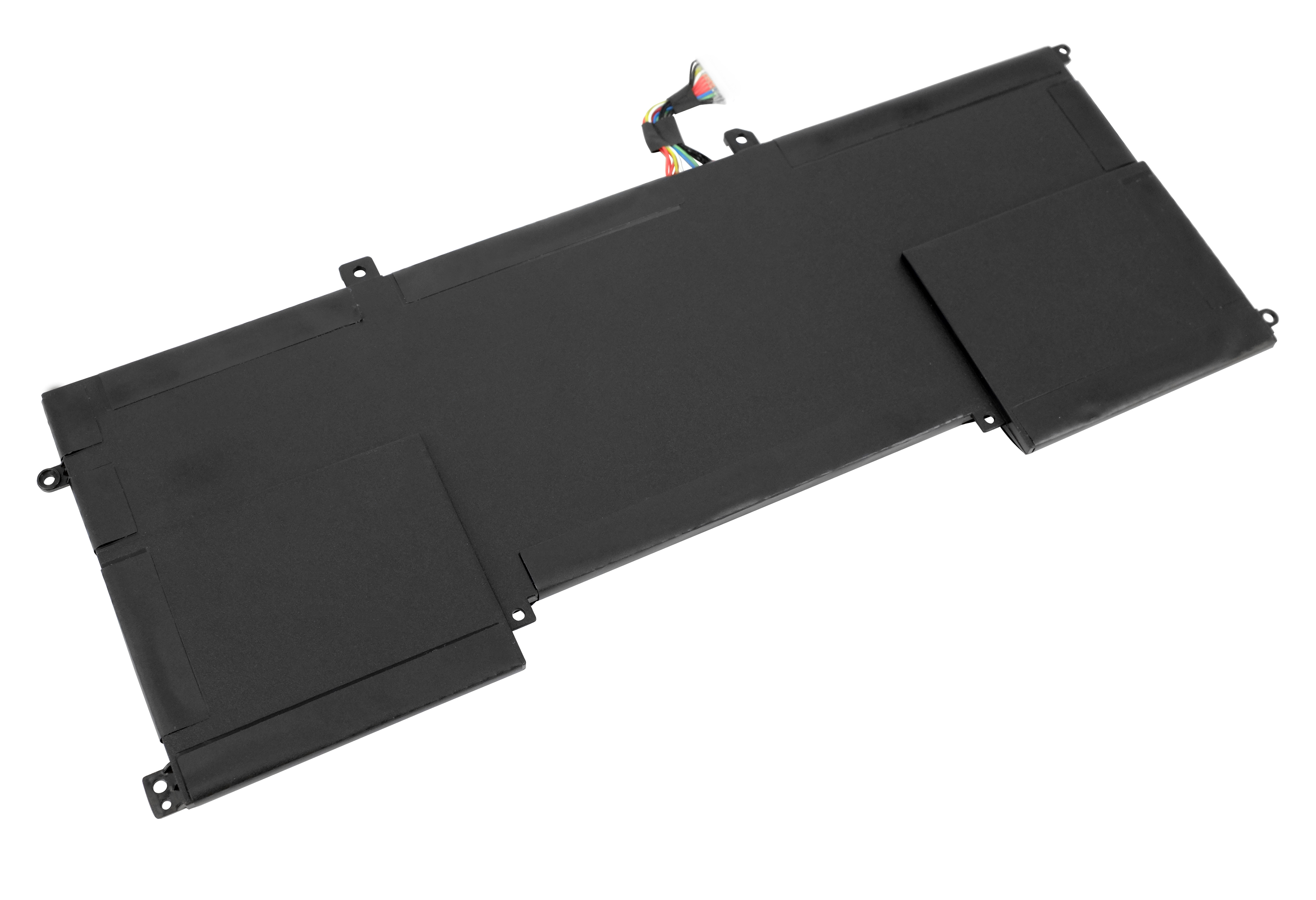 Ein schwarzer Laptop-Akku mit einem mehrfarbigen Kabelbündel auf weißem Hintergrund.