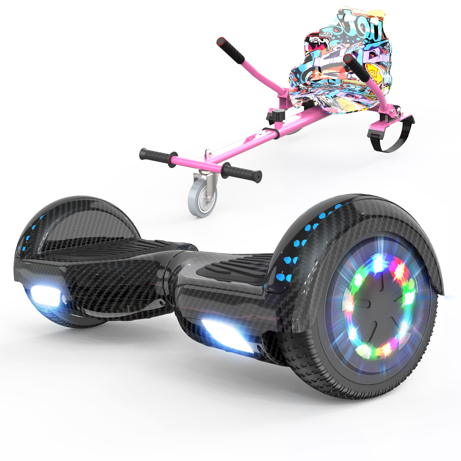 Ein Hoverboard mit einem rosa sitzartigen Roller. Das Hoverboard ist schwarz mit bunten Lichtern an den Rädern.