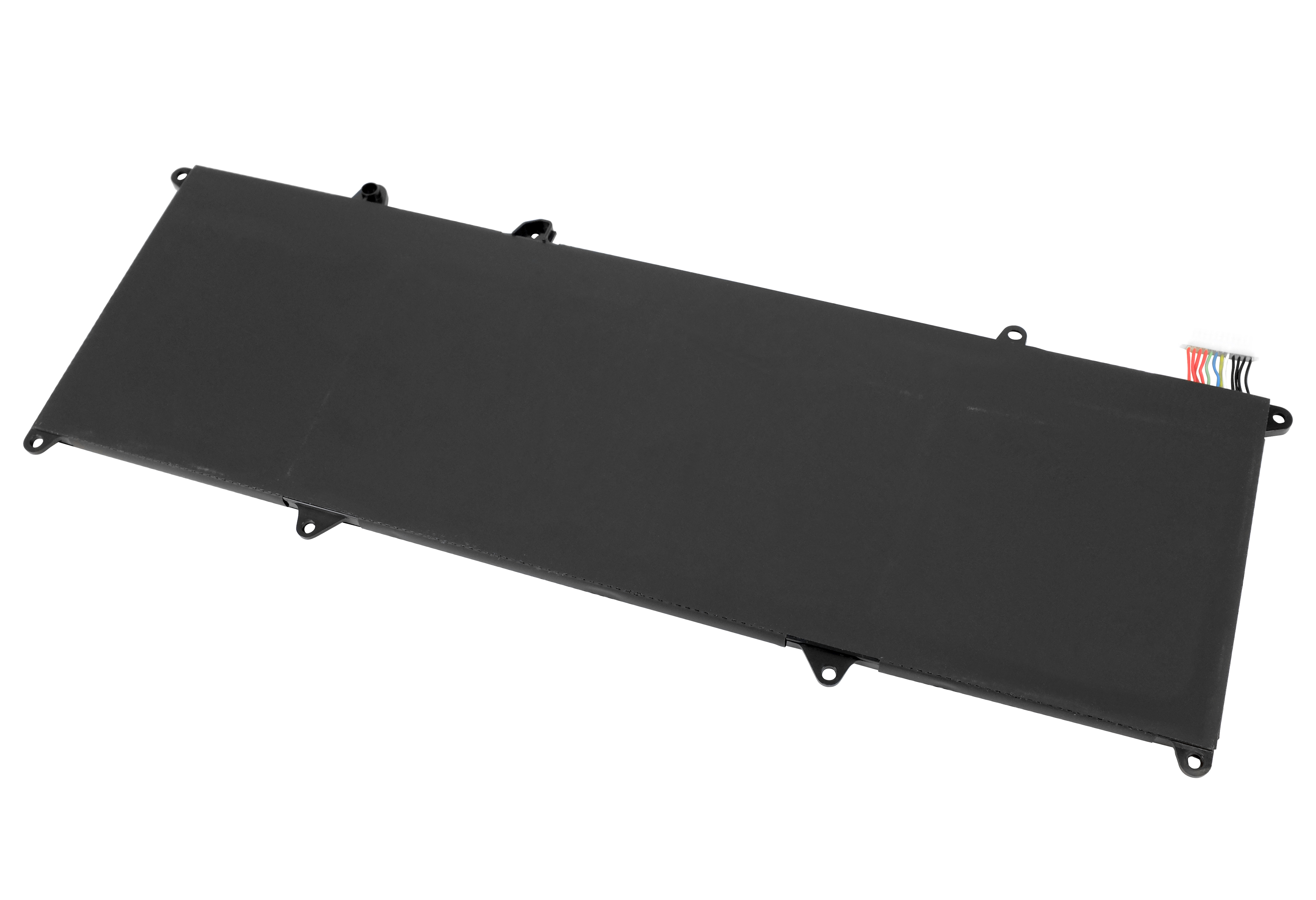 Ein schwarzer Laptop-Akku mit Stecker und mehreren Drähten. Er hat eine rechteckige Form und einige Befestigungslöcher.