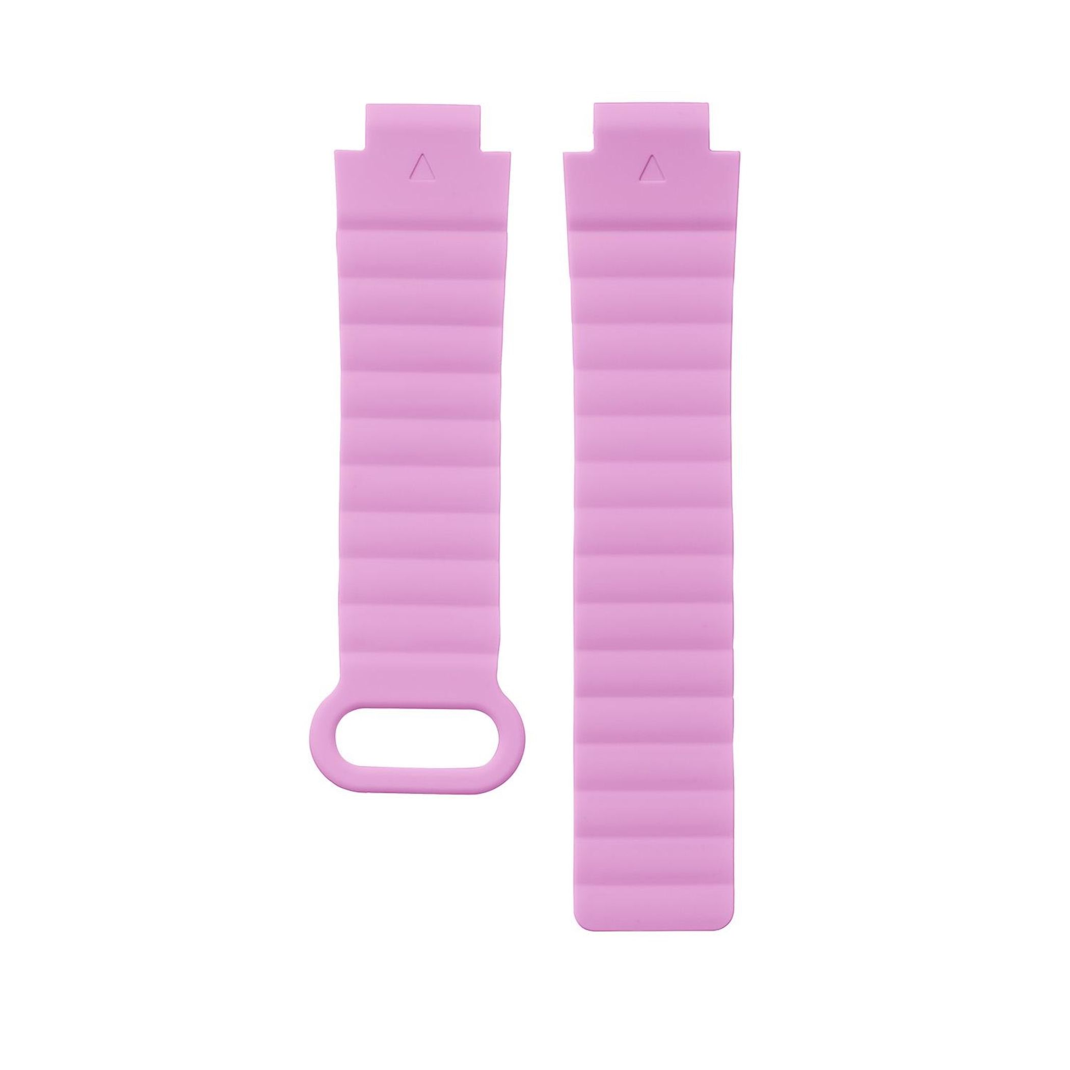 Zwei pinke Uhrenarmbänder auf weißem Hintergrund. Eines hat ein ovales Ende. Beide haben Dreiecksmarkierungen.