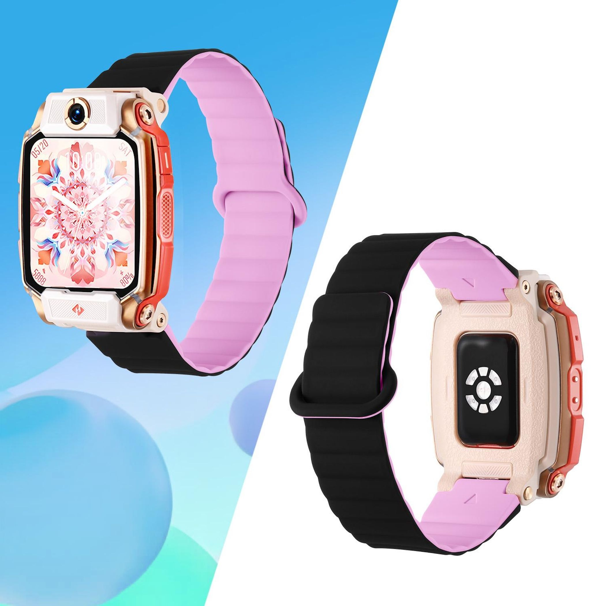 Zwei Smartwatches auf blauem Grund. Eine zeigt die Vorderseite, die andere die Rückseite. Rosa, Schwarz und Gold sind vorhanden.