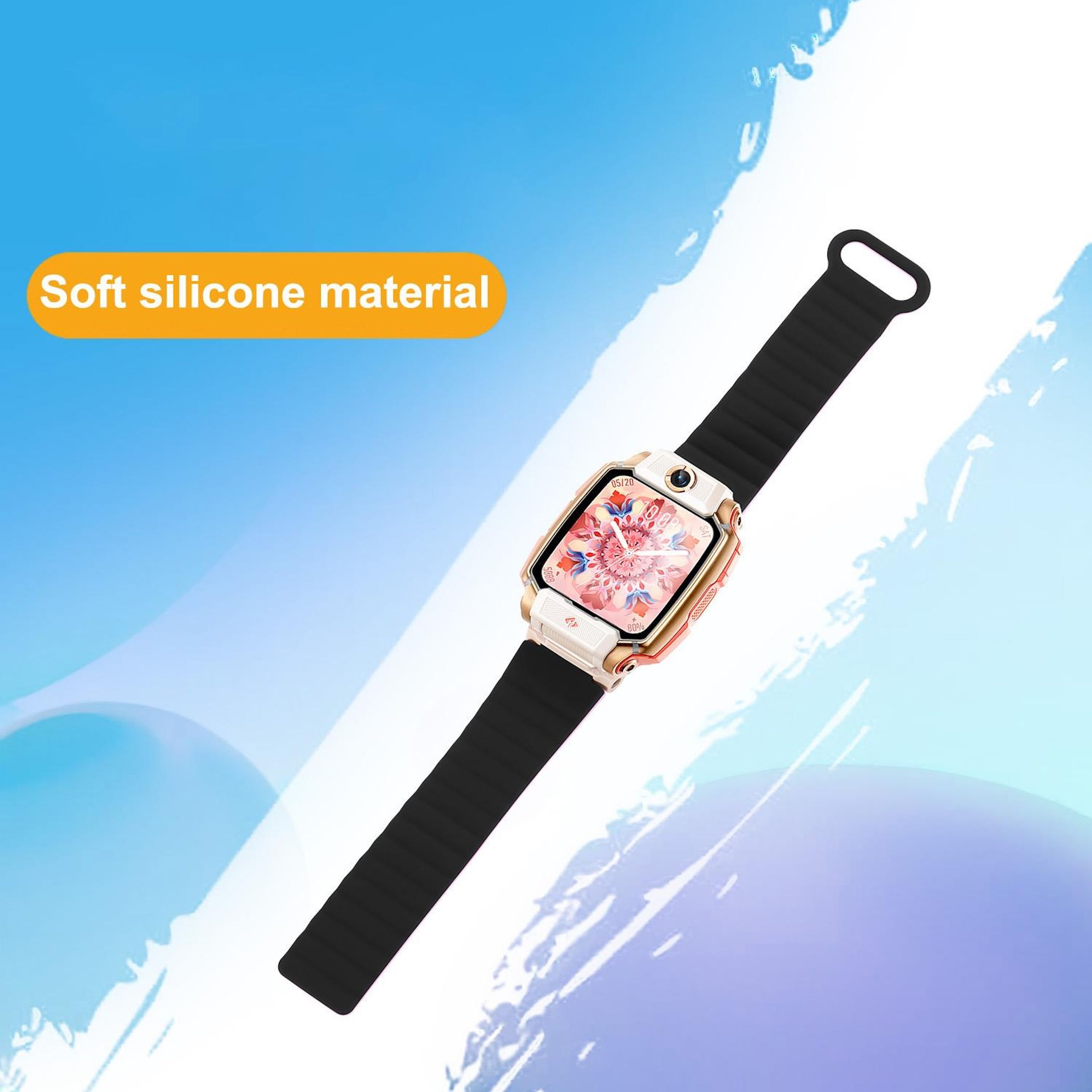 Eine Smartwatch mit schwarzem Armband, goldfarbenem Rahmen und floraler Anzeige vor blauem Hintergrund.