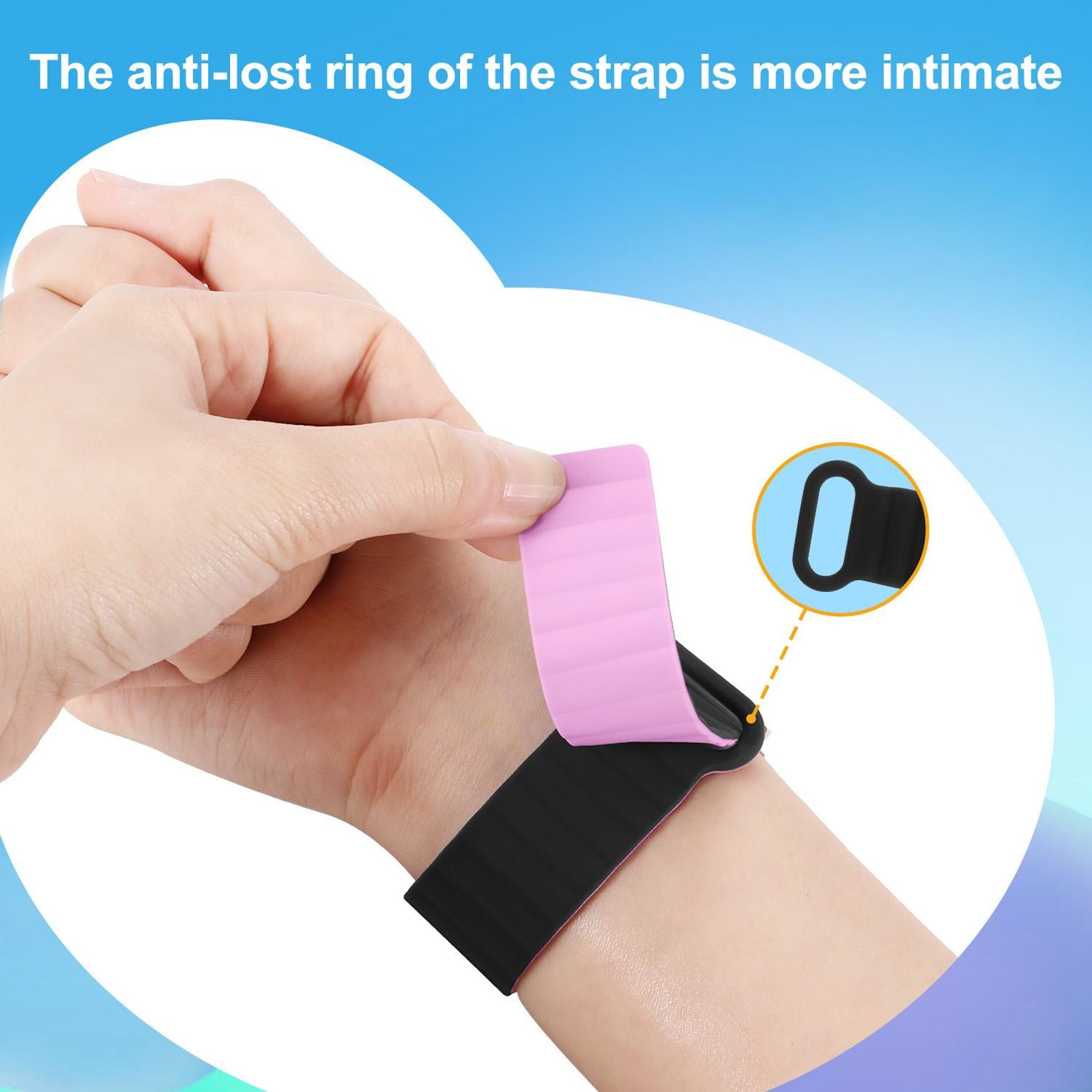 Eine Hand zieht einen rosa Klebstoff von einem schwarzen Uhrenarmband ab. Ein Anti-Verlust-Ring ist in einem Kreis gezeigt.