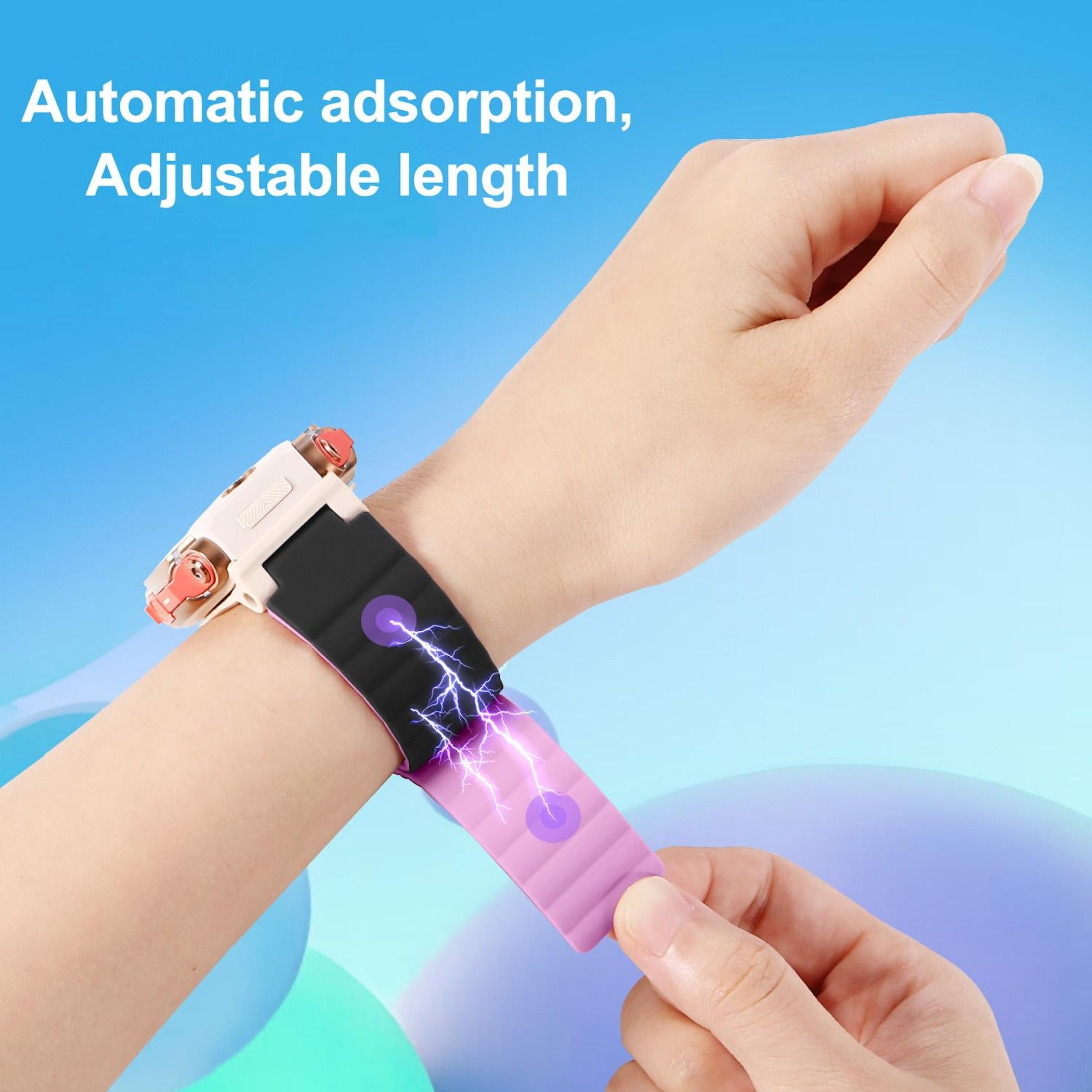 Eine Hand hält ein rosa Armband mit einem Gerät. Es zeigt ein Blitzdesign auf dem Band. Der Hintergrund ist blau.