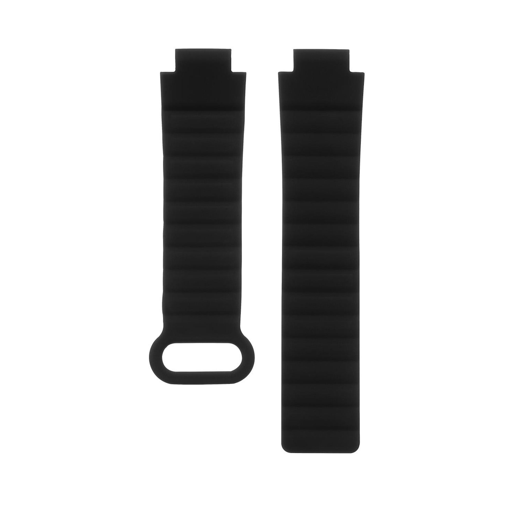 Zwei schwarze Uhrenarmbänder auf weißem Hintergrund. Eines hat eine Schlaufe.