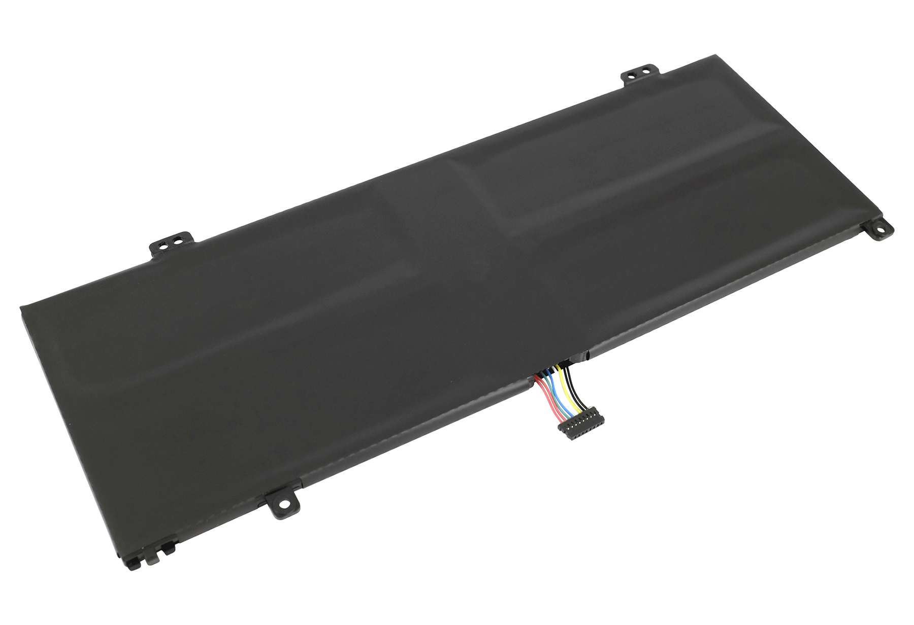 Ein rechteckiger schwarzer Laptop-Akku mit Stecker und farbigen Drähten. Es ist auf weißem Hintergrund.