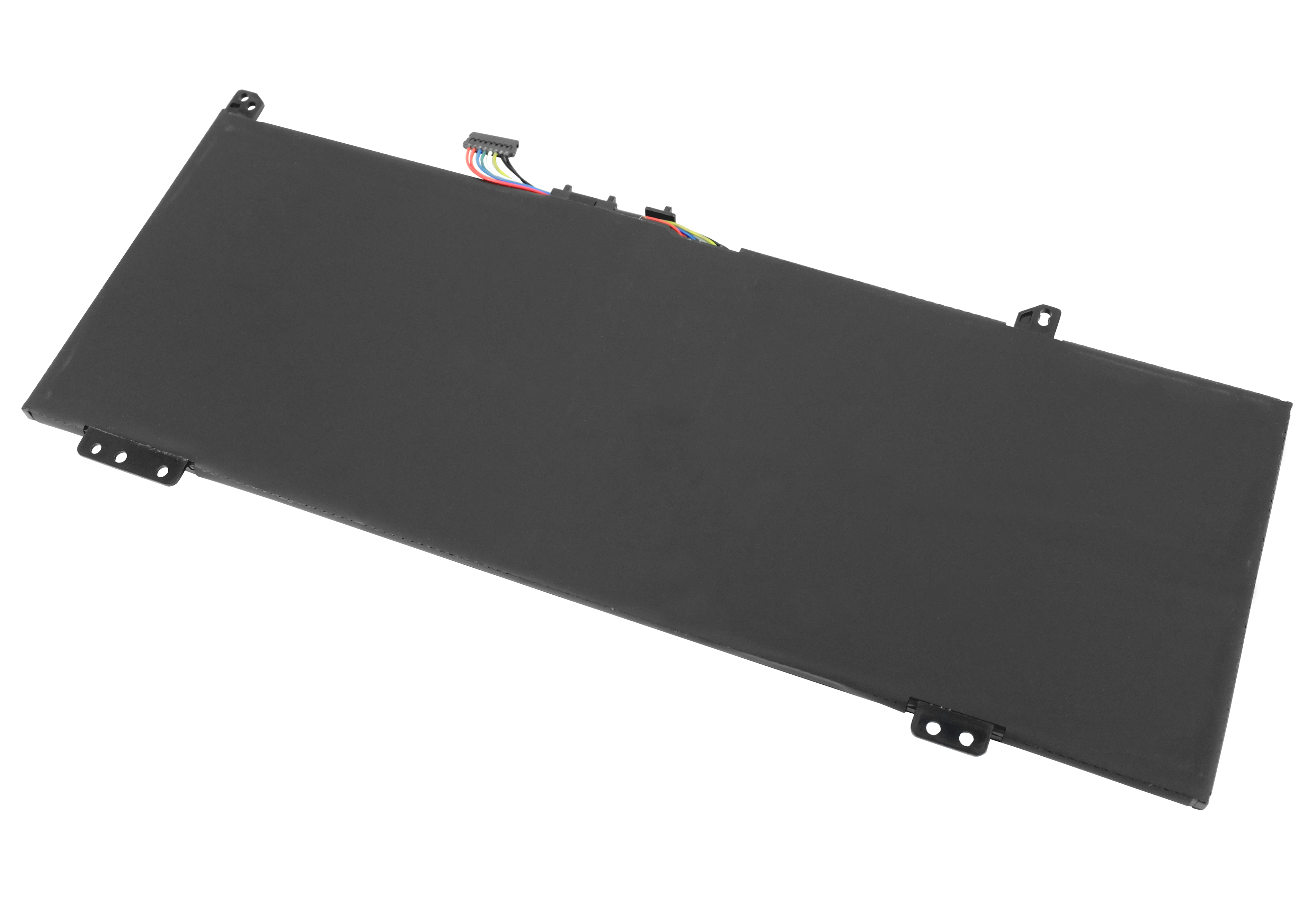 Ein rechteckiger schwarzer Laptop-Akku mit Stecker und farbigen Drähten. Weißer Hintergrund.