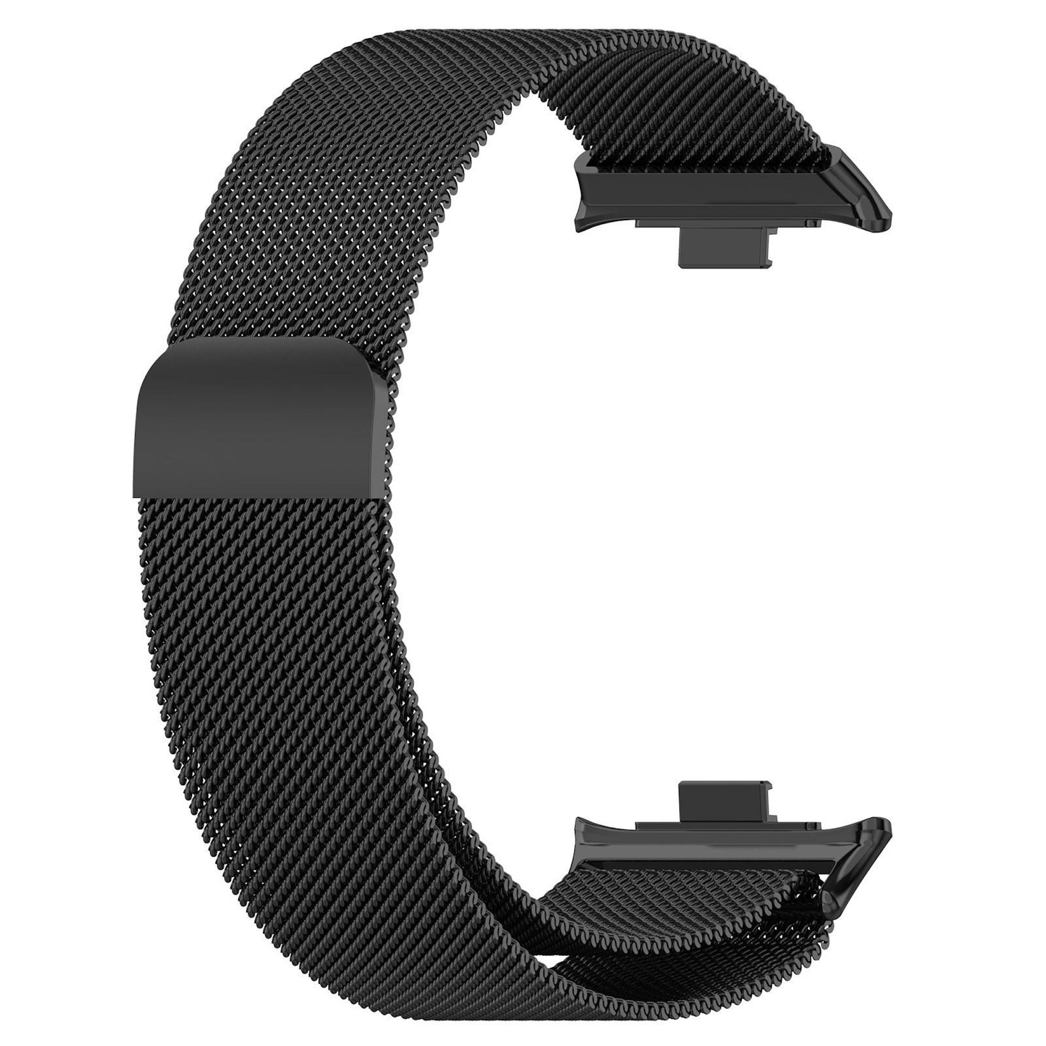 Ein gebogenes, schwarzes Uhrenarmband aus gewebtem Mesh. Das Band hat einen Magnetverschluss und Befestigungspunkte.