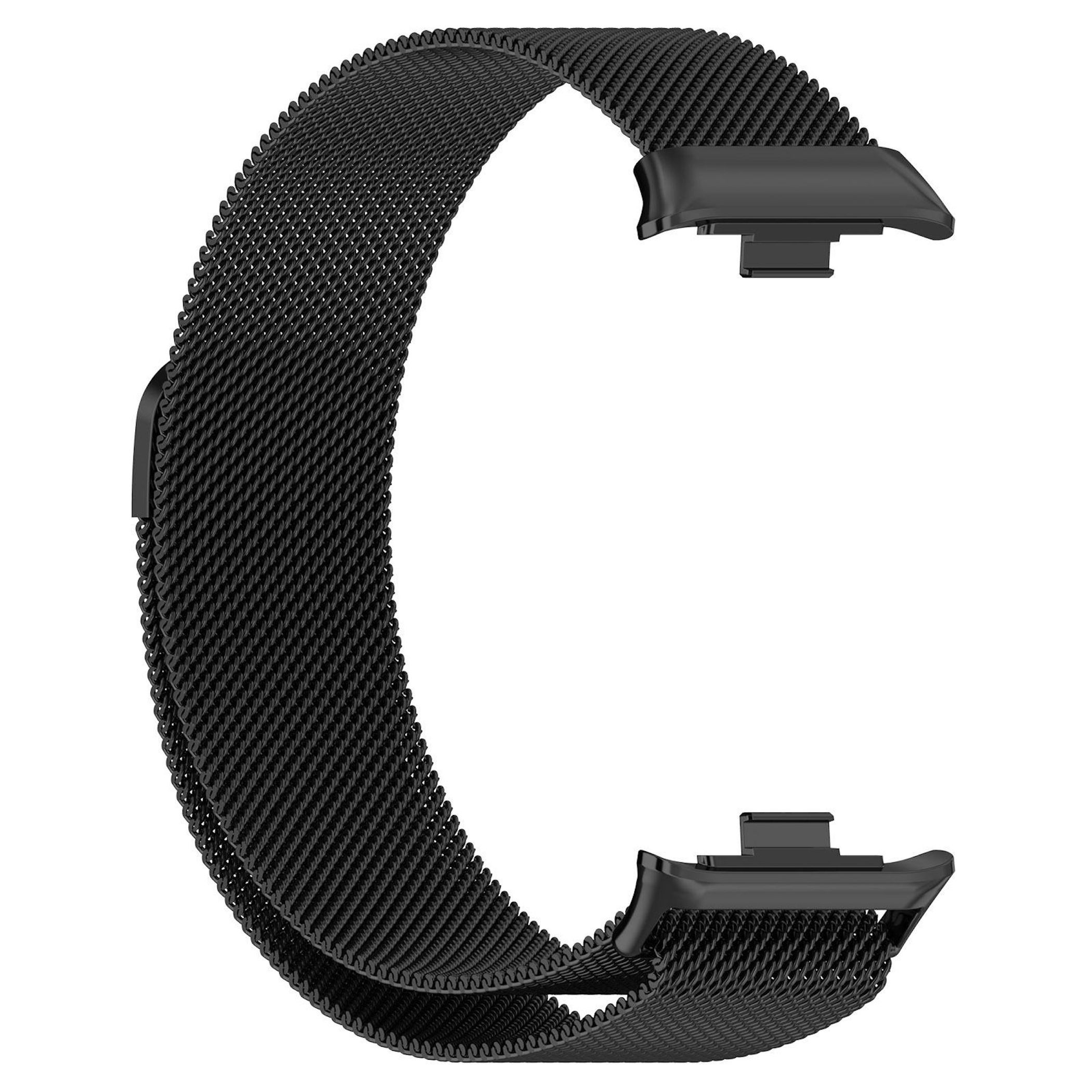 Ein gebogenes, schwarzes Uhrenarmband aus Mesh-Material. Es hat an jedem Ende zwei Verschlüsse auf weißem Hintergrund.