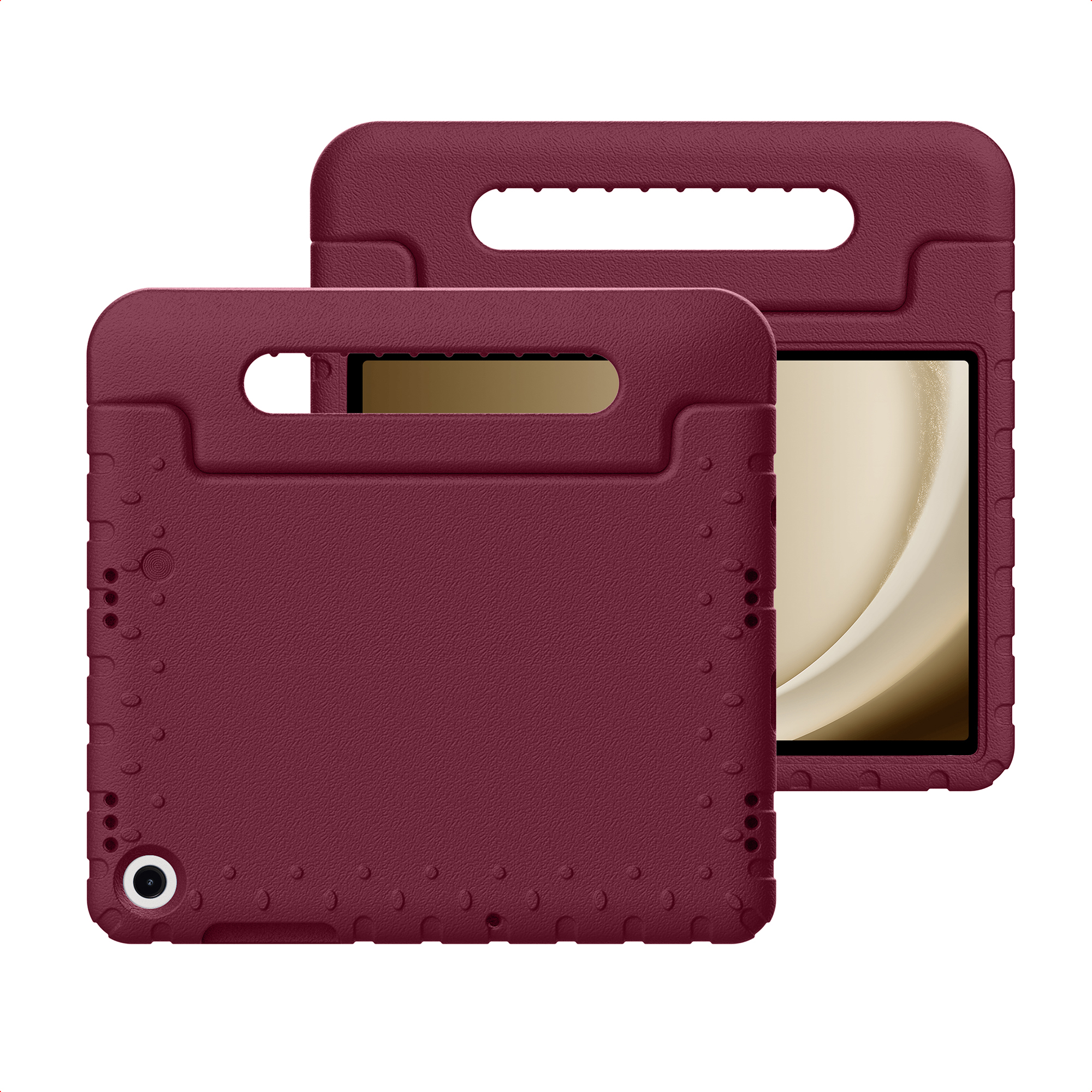 Twee bordeauxrode tablethoezen met handvatuitsparingen, waarvan één gedeeltelijk de andere bedekt, met een tabletscherm.