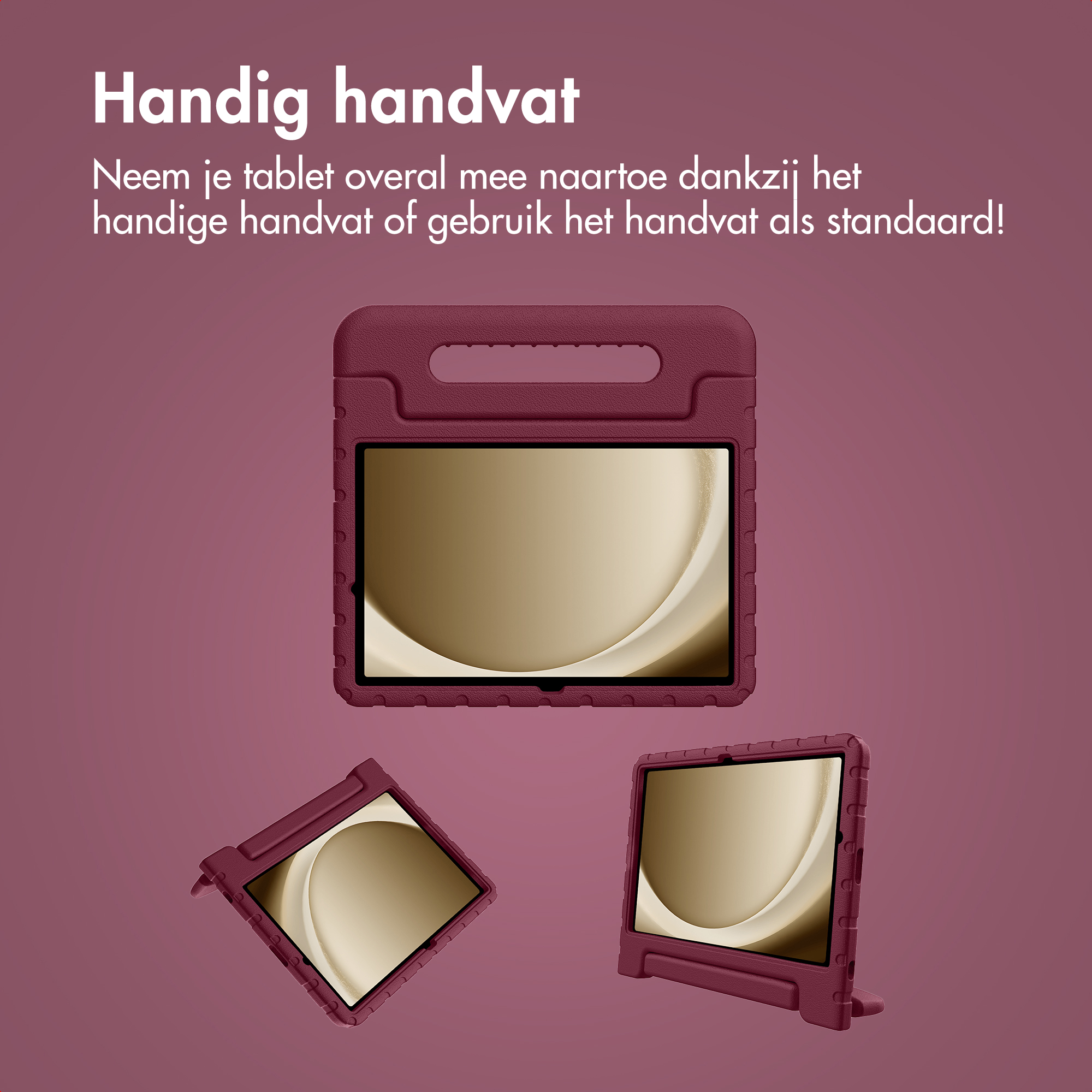 Afbeelding toont een tablet in een bordeauxrode hoes. Tekst zegt 'Handige handgreep'. Drie hoezen worden getoond.