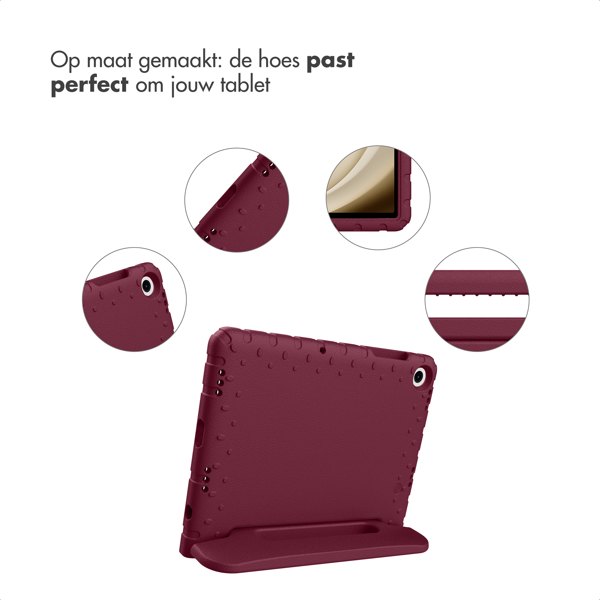 Een bordeaux tablet hoesje met gedetailleerde uitsparingen. Cirkelvormige afbeeldingen tonen details van de hoes.