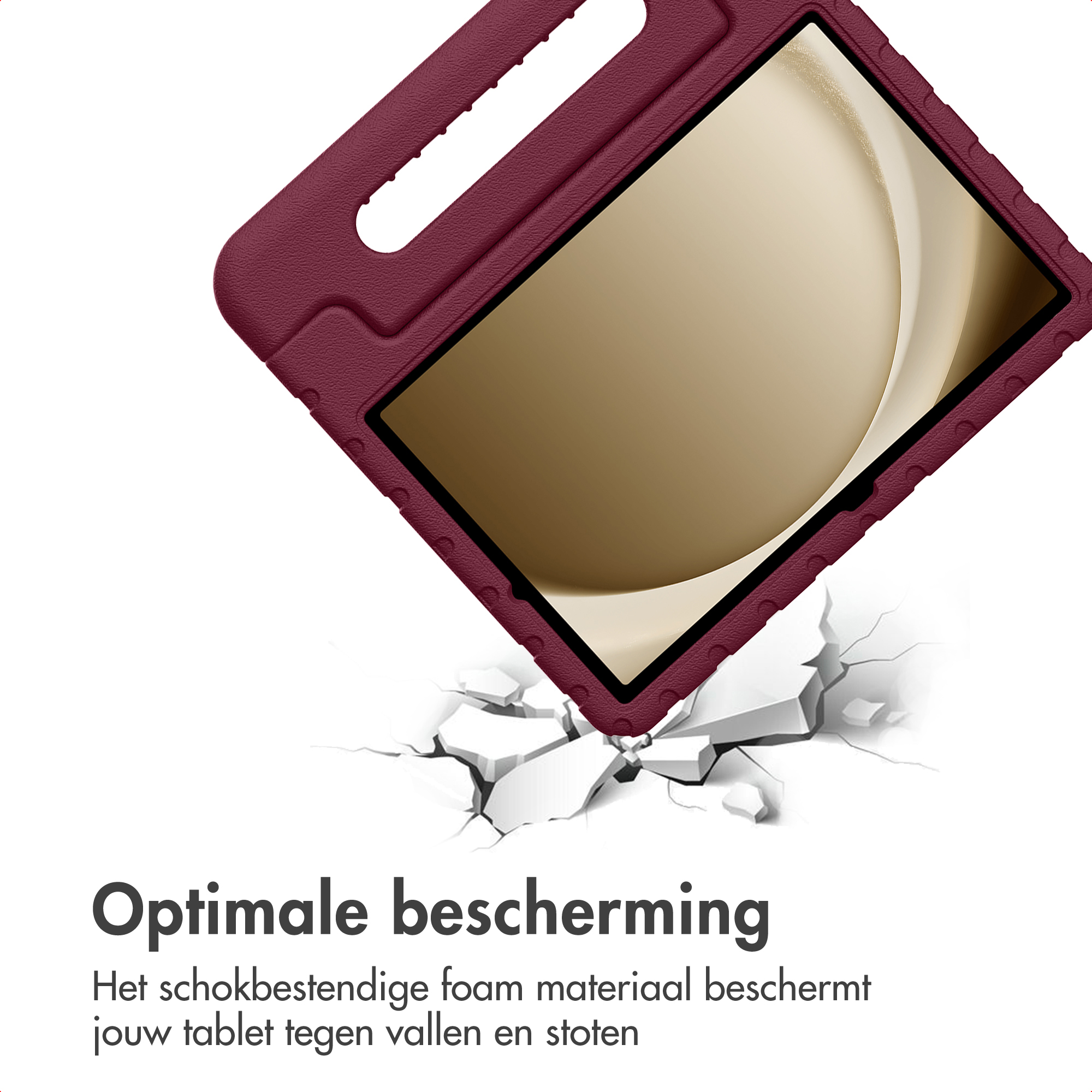 Een tablet in een bordeauxrode hoes valt, met scheuren op de grond eronder. Tekst: 'Optimale bescherming'.