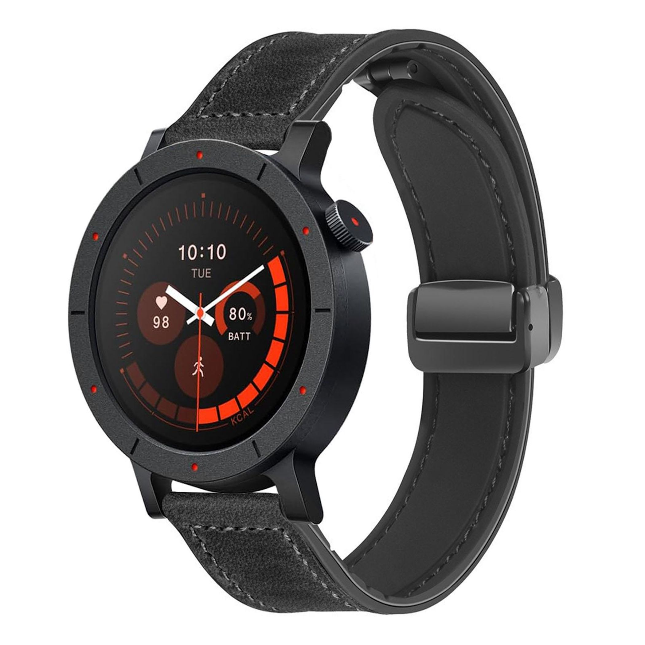 Eine schwarze Smartwatch mit rundem Display, das Zeit und Gesundheitsdaten anzeigt, und einem schwarzen Lederarmband.