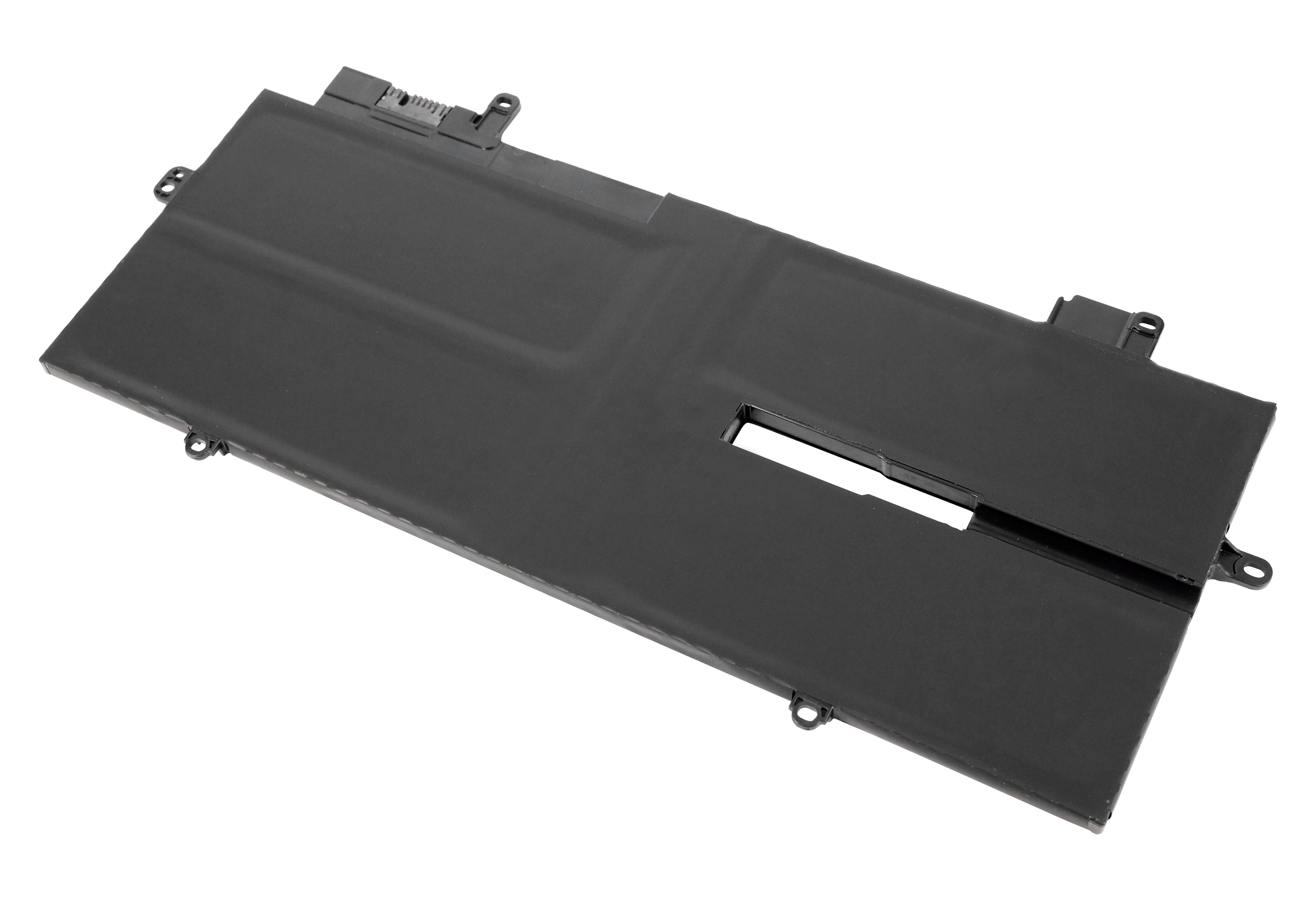 Ein schwarzer rechteckiger Laptop-Akku auf weißem Grund. Er hat einen mittigen Ausschnitt und Anschlusspunkte.