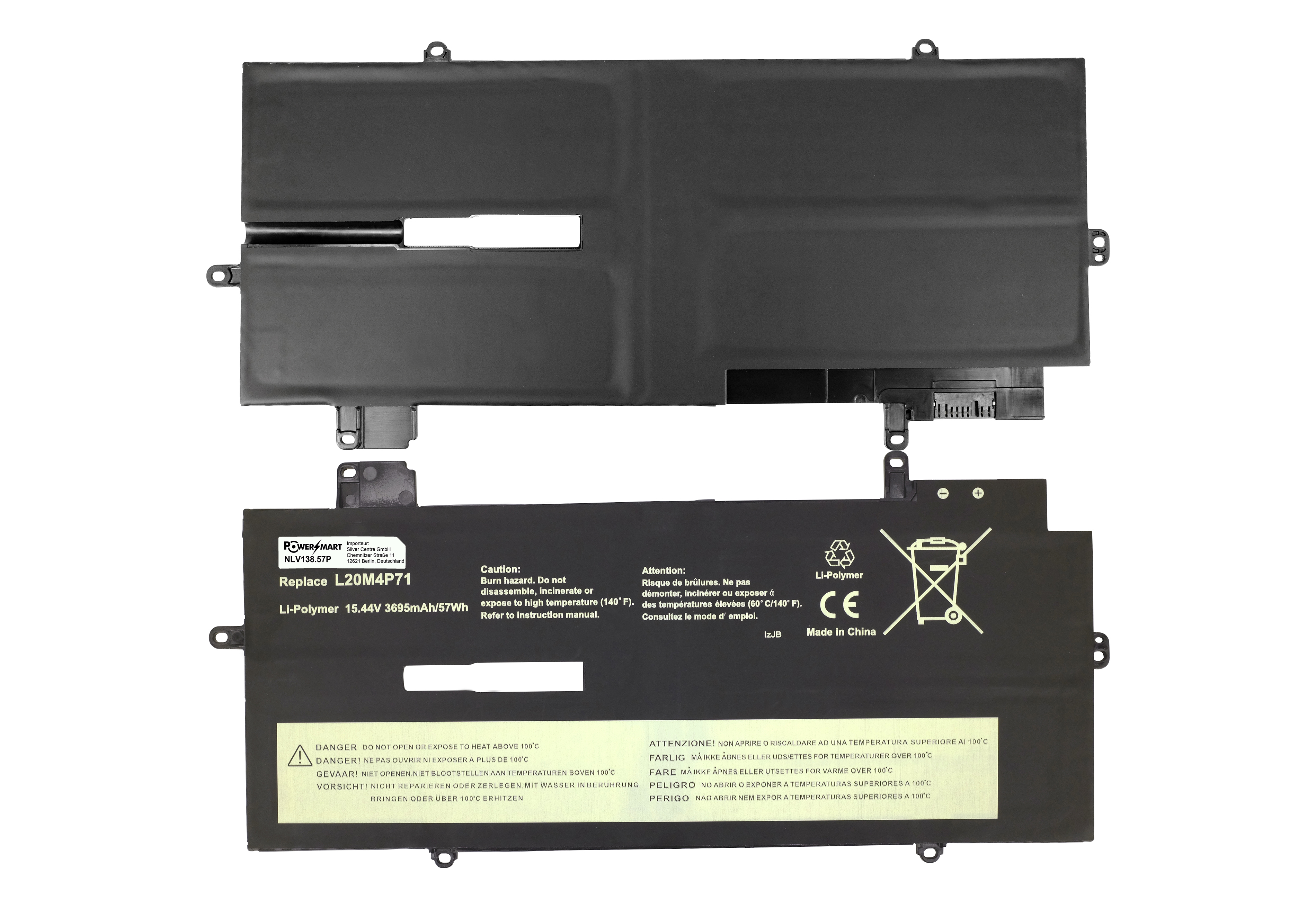 Ein schwarzer Laptop-Akku mit Warnhinweisen und Text. Enthält ein Recycling-Symbol und CE-Kennzeichnung.