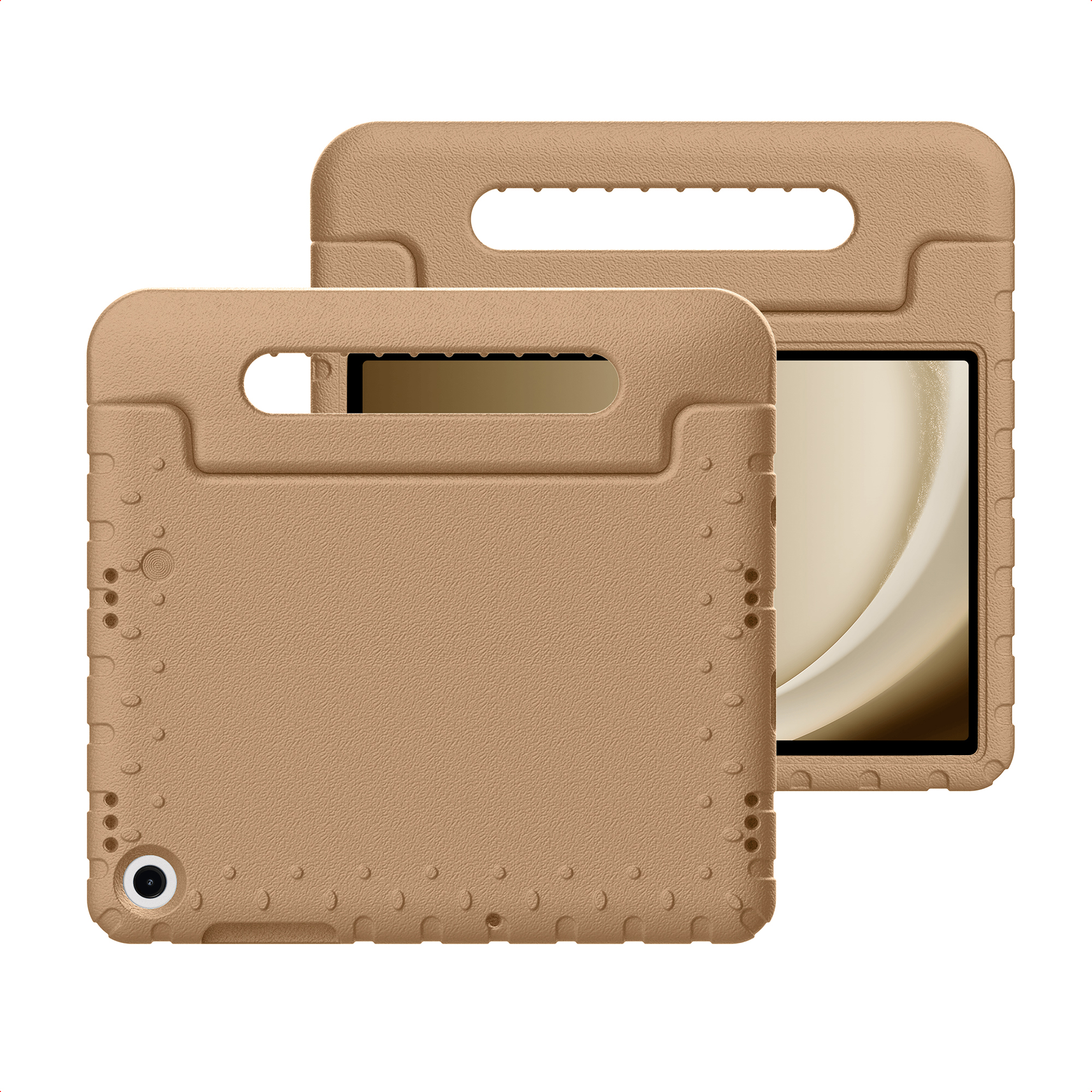 Two tan tablet cases. Each has a handle, textured surface, and a camera cutout. One has a tablet inside.
