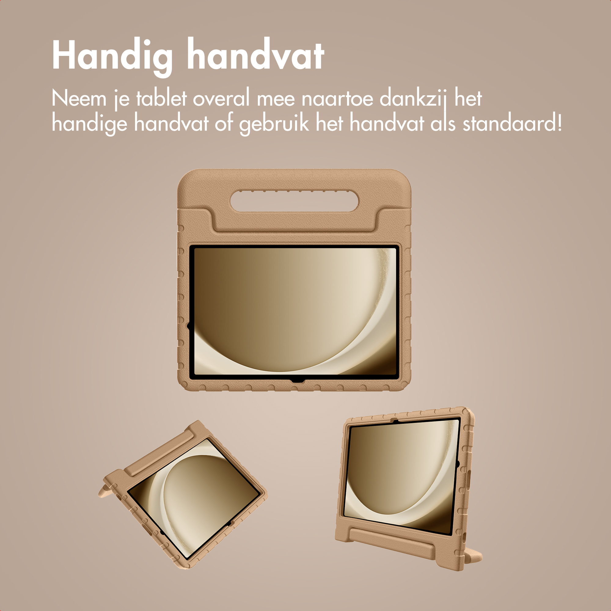 Image shows three tablet cases in beige. Text reads 'Handy handle'. The cases have a handle and can stand.