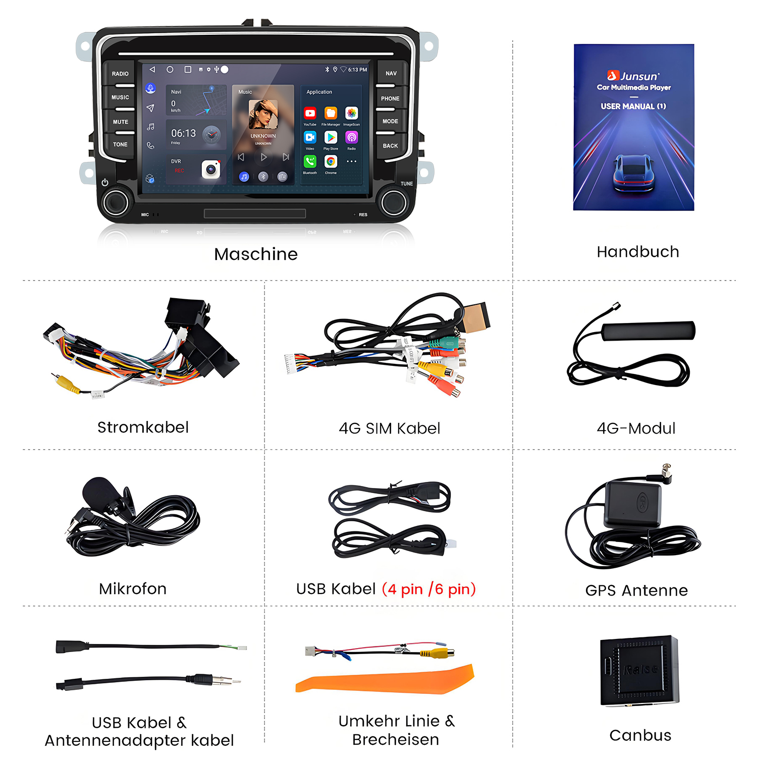 Multimedia-Player für Autos mit Zubehör. Enthält Kabel, Antenne, Mikrofon, Bedienungsanleitung und Navigationssystem.