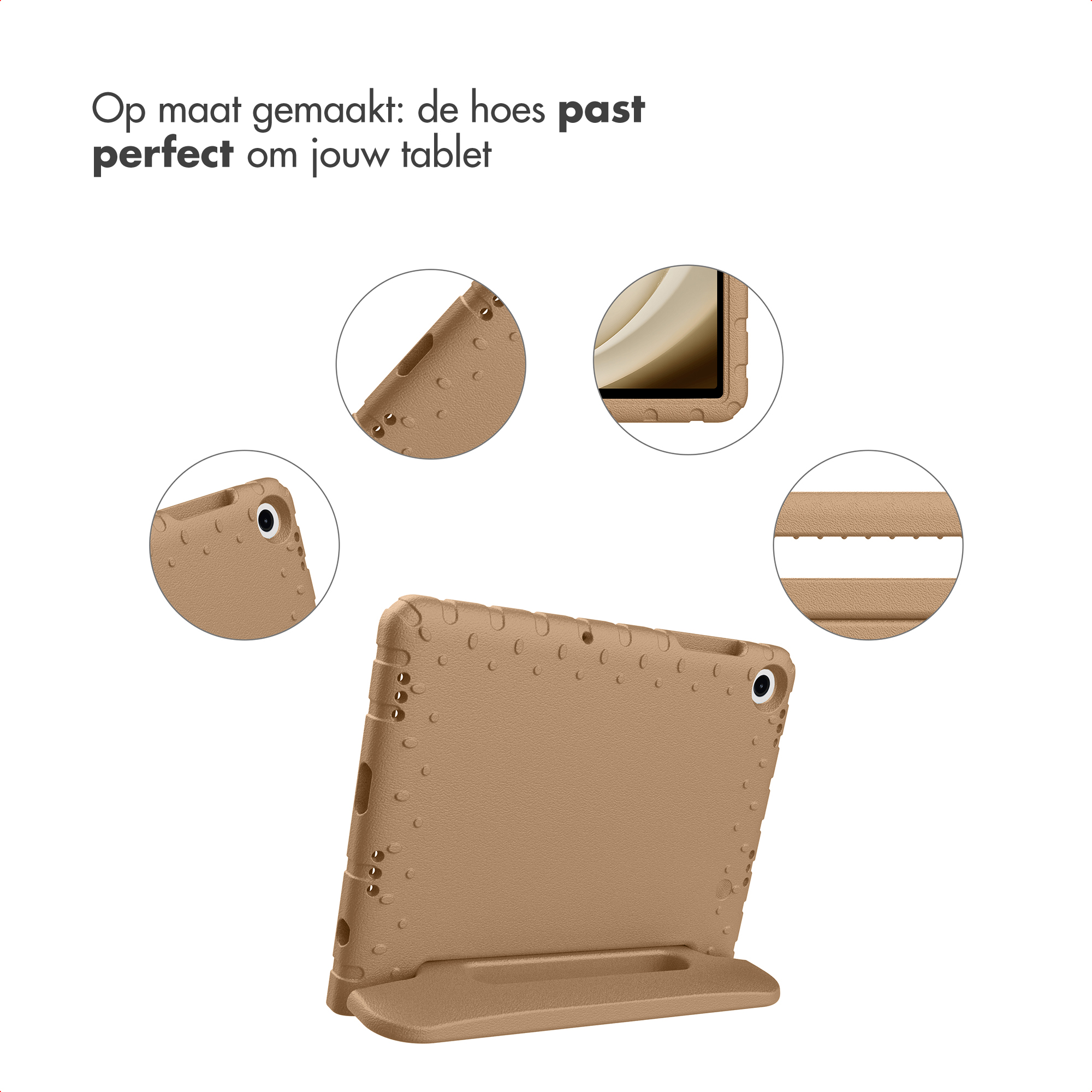 A tan tablet case with details. Multiple close-up views. Text reads 'Op maat gemaakt: de hoes past perfect om jouw tablet'.