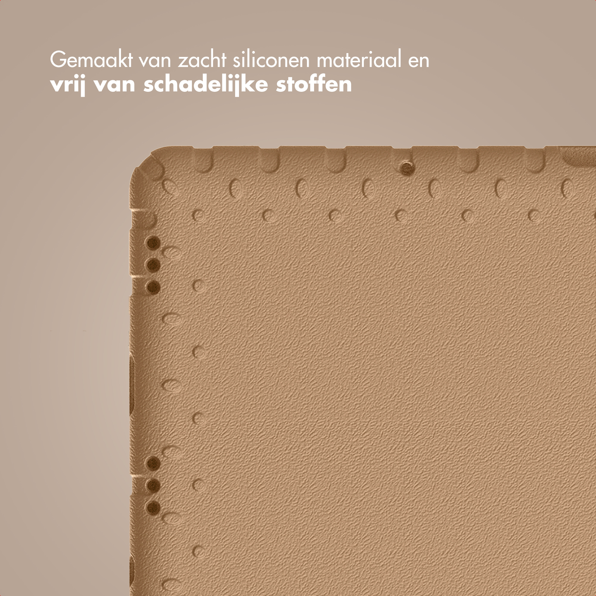 Close-up of a textured, beige surface with small holes. Text in Dutch reads 'Made of soft silicone material'.