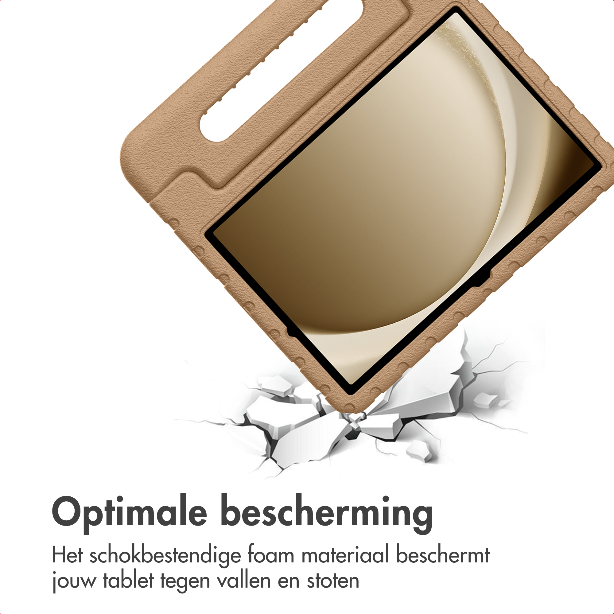 A tablet in a tan case is falling, with cracks below. Text reads 'Optimal protection'.